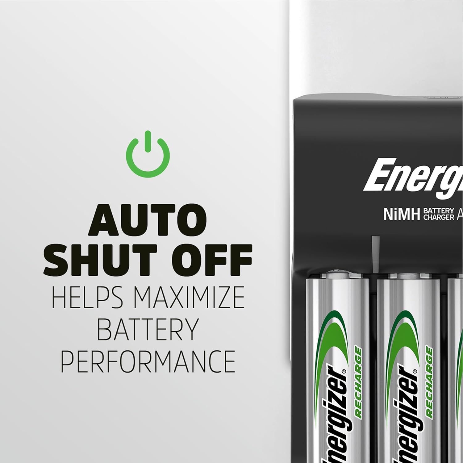 Energizer Recharge Basic Battery Charger with 'Auto Shut Off' feature highlighted.
