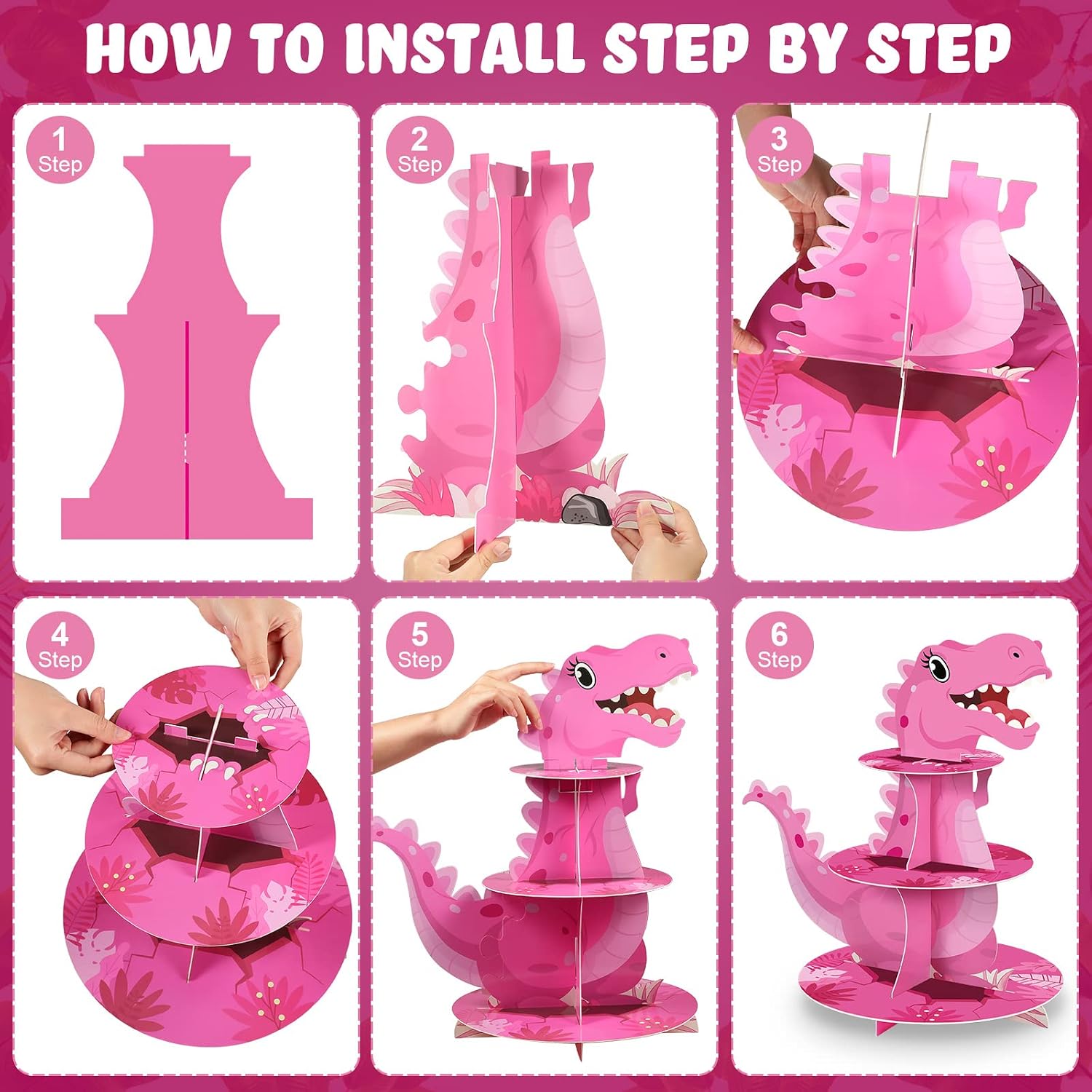 Censen Pink 3 Tier Dinosaur Cupcake Stand Dinosaur Party Decoration for Kid