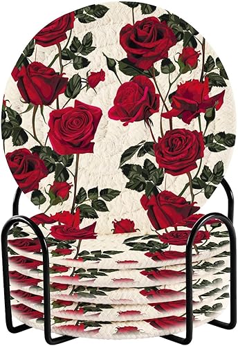 Seamless Pattern Red Flowers Roses Leaves Absorbent Drink Coasters Coasters for Desk and Holder Set of 6 Coasters