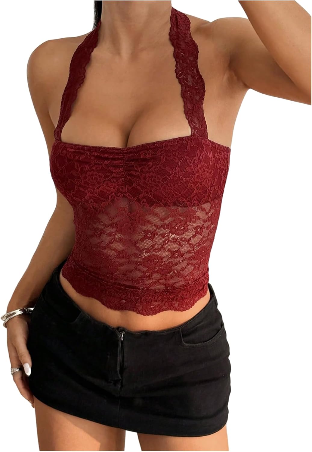 SOLY HUX Women's Floral Lace Halter Tops Sheer Backless Sleeveless Y2k Going Out Tank Top - Image 4