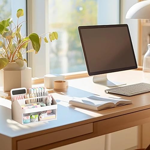 Miniatura 6 de SAYEEC Organizador de escritorio y accesorios con 6 compartimentos y 1 cajón, soporte para lápices con asa, organizador de almacenamiento de