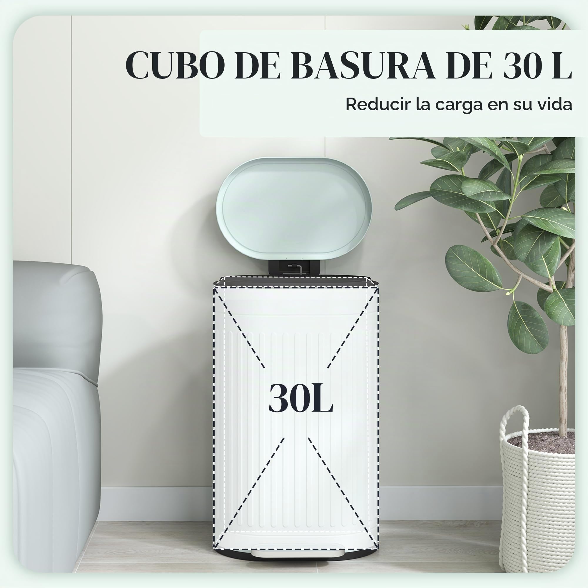 HOMCOM Papelera con pedal 30L, antihuellas, tapa soft-close, verde claro | Papelera de cocina metálica, pedal, cubo interior extraíble