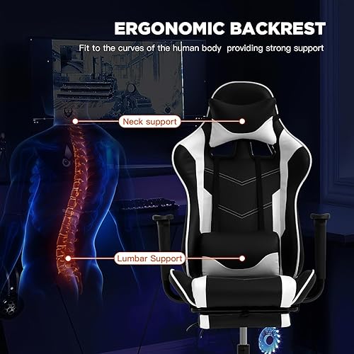 Miniatura 5 de Silla de juegos, computadora ergonómica con reposapiés y soporte lumbar, asiento de juego de piel sintética ajustable en altura con asiento ancho
