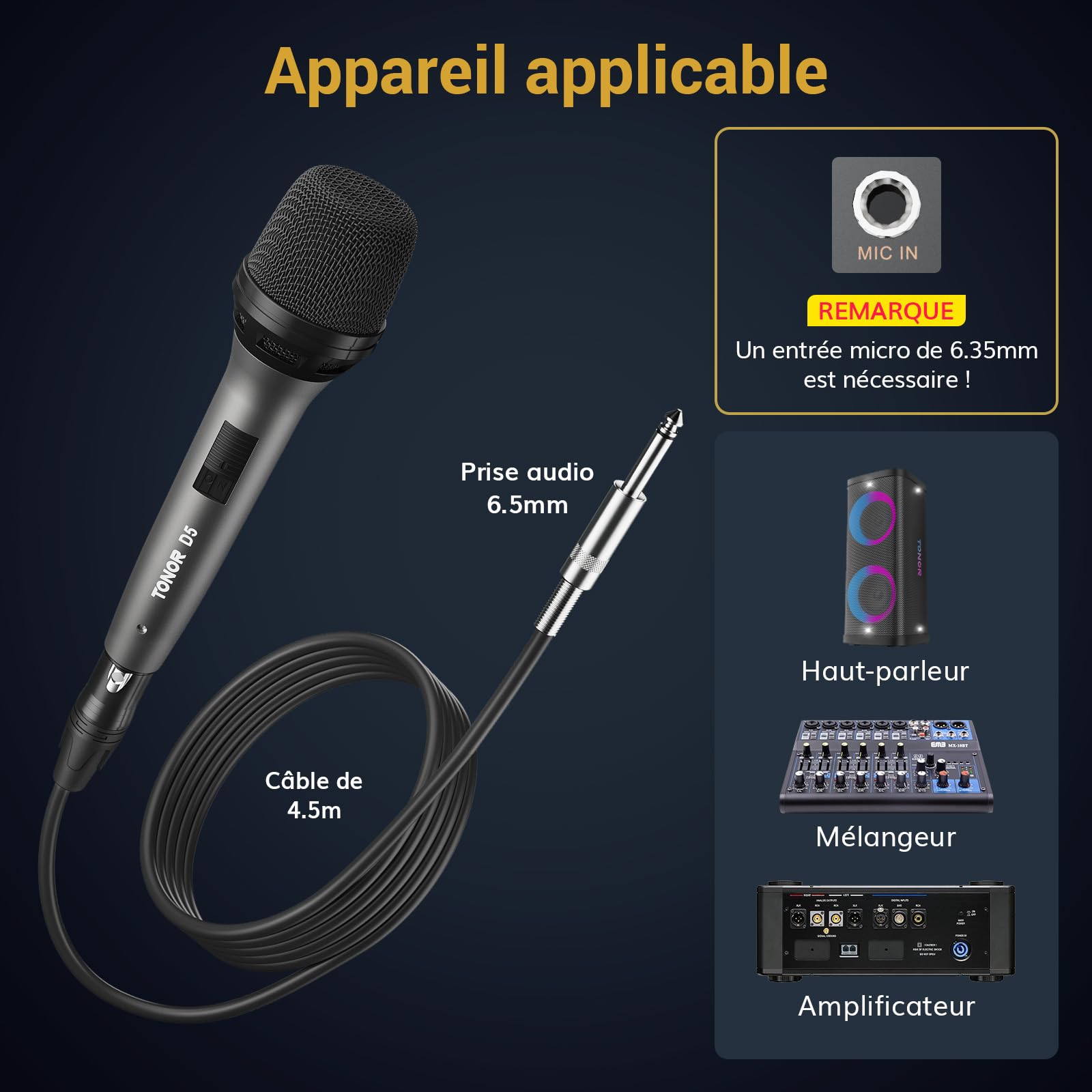 TONOR Micro Dynamique Vocal pour Le Chant, Microphone de karaoké Filaire Portable, Micro de Studio cardioïde avec XLR de 4.5M à 1/4" Câble, adapté aux Haut-parleurs/ampli/activités de Plein air D5