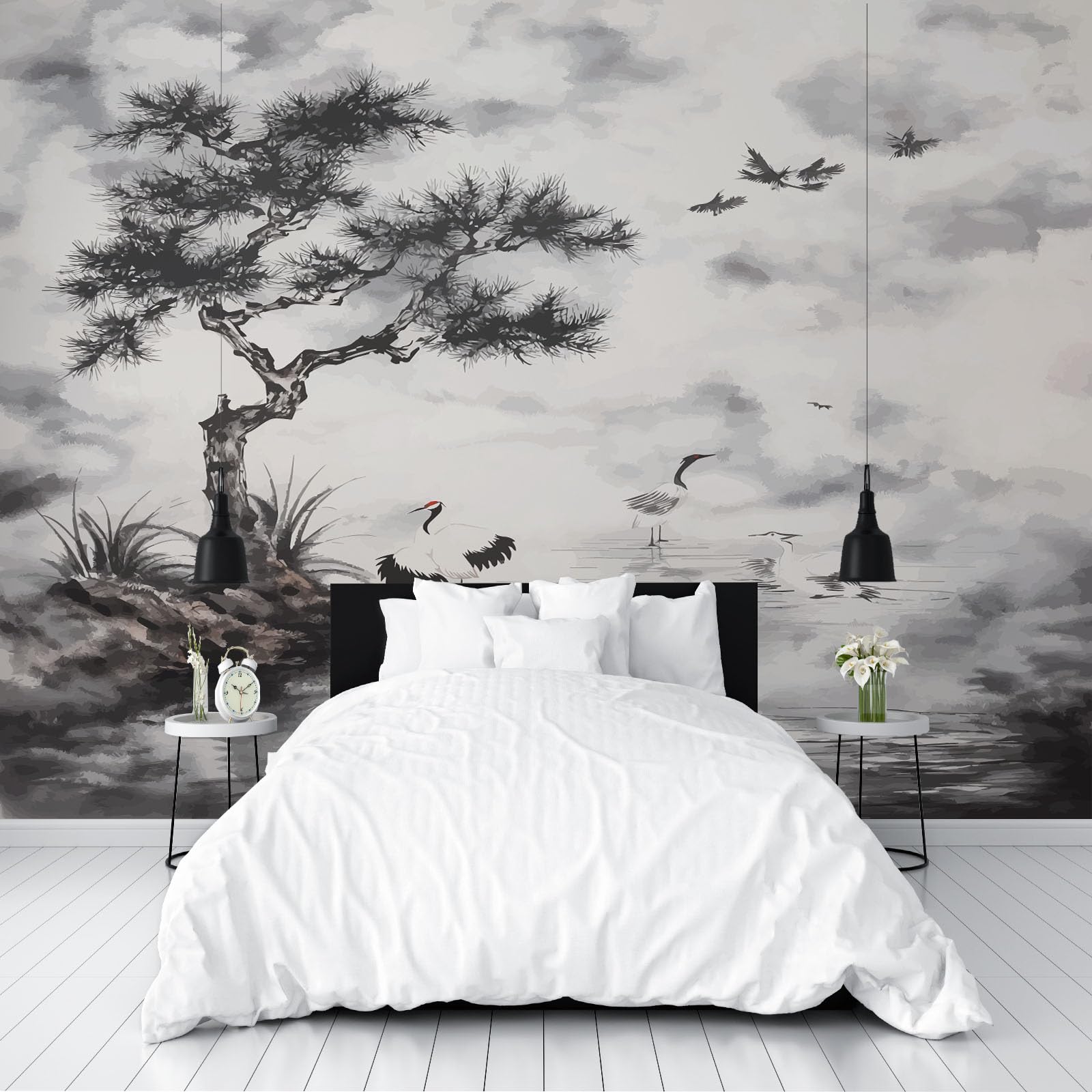Générique Papier Peint Panoramique Paysage Peint en Gris Toison Mur 400x280cm(L x H) Moderne Papier Peint Intissé pour Chambre Salon Bureau Personnalisé Décoration Murale Paysage à L'Encre