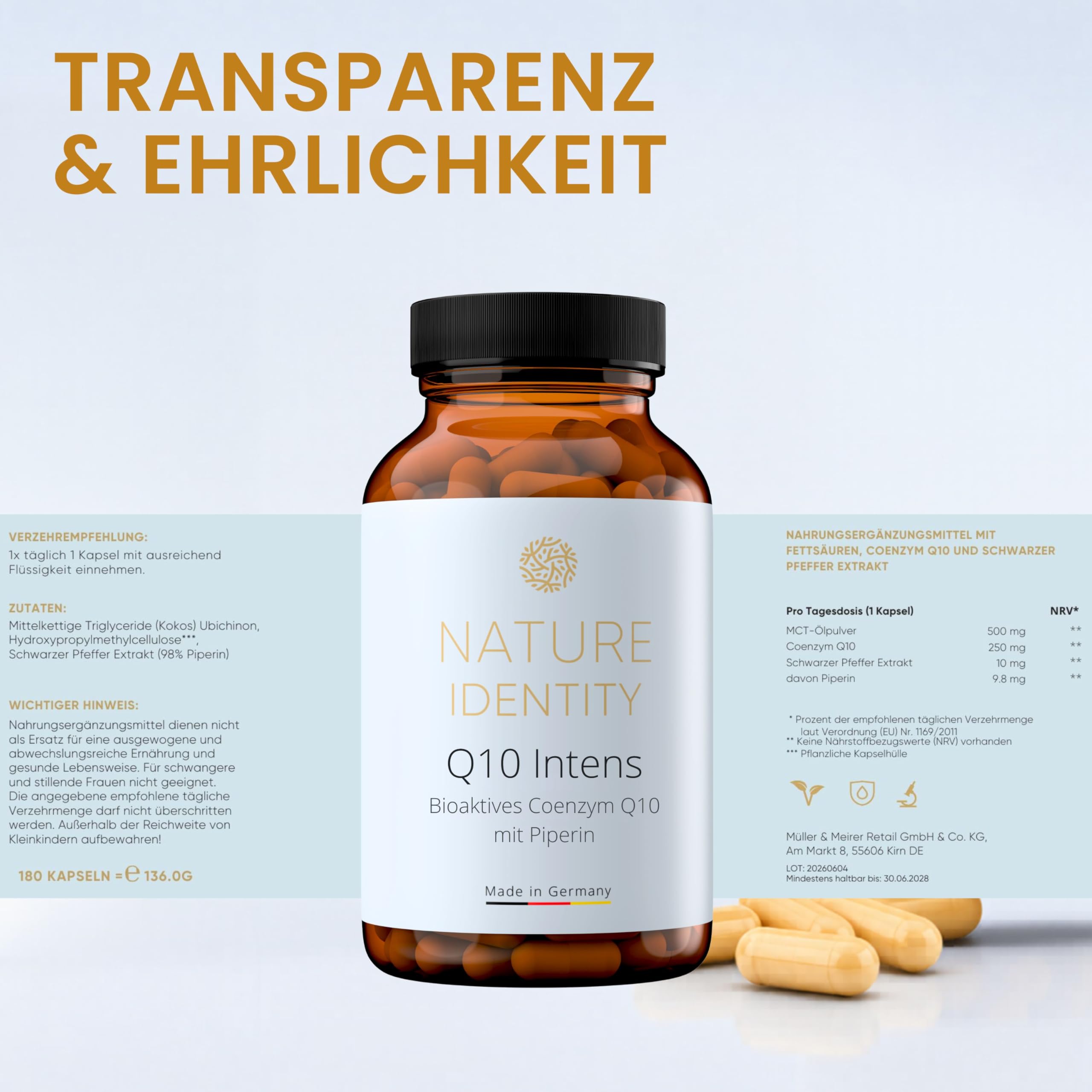 Coenzym Q10-180 Kapseln - hochdosierte 250mg pro Kapsel - Reines Premium Q10 aus pflanzlicher Quelle kombiniert mit MCT-Öl & Piperin - Made in Germany | Reines Premium Q10, Pflanzliche Quelle, Mit MCT-Öl & Piperin, Made in Germany