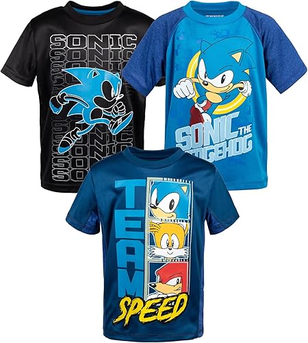 SEGA Sonic The Hedgehog Tails Knuckles - Paquete de 3 camisetas atléticas para niños pequeños y grandes