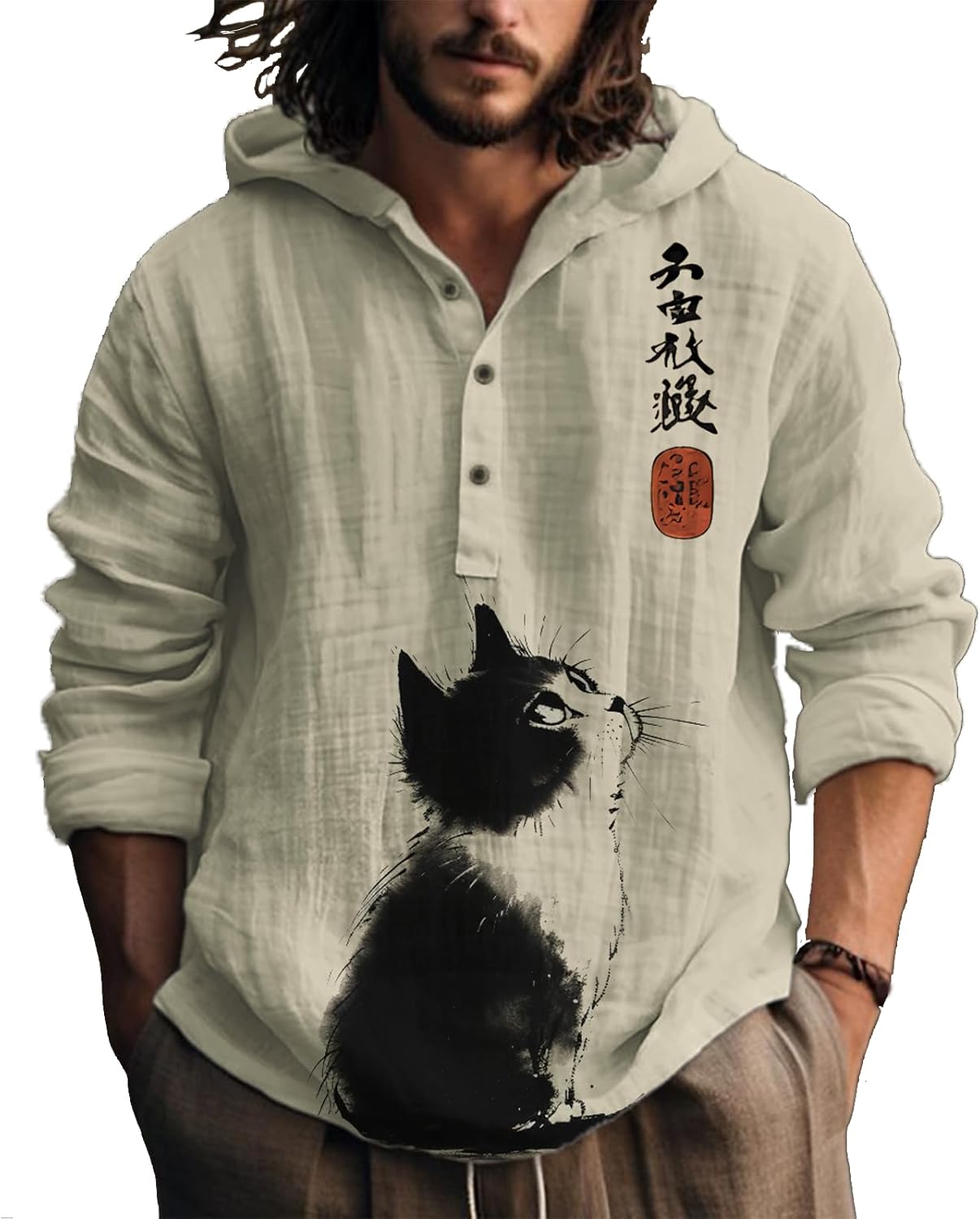 Japanese Graphic Hoodie for Men Button Up Shirts Casual Pullover Trendy Long Sleeve Hooded Sweatshirts
