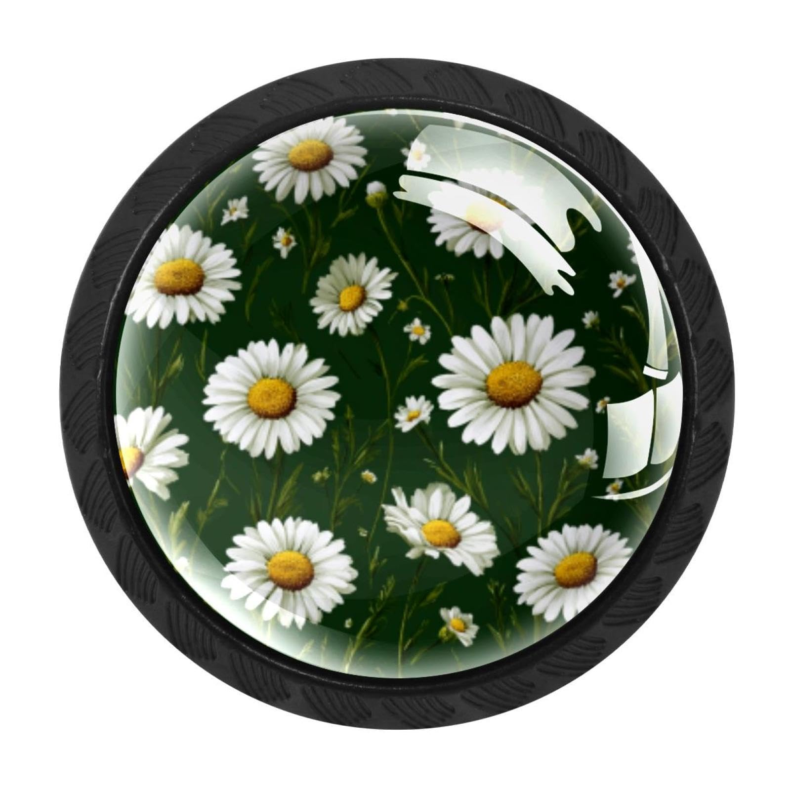 CHENZZZZ 4 Pack Cabinet Handles Green Background White Daisies (1) Kitchen Drawer Pulls Furniture Door Handles for Cupboard Bedroom Wardrobe