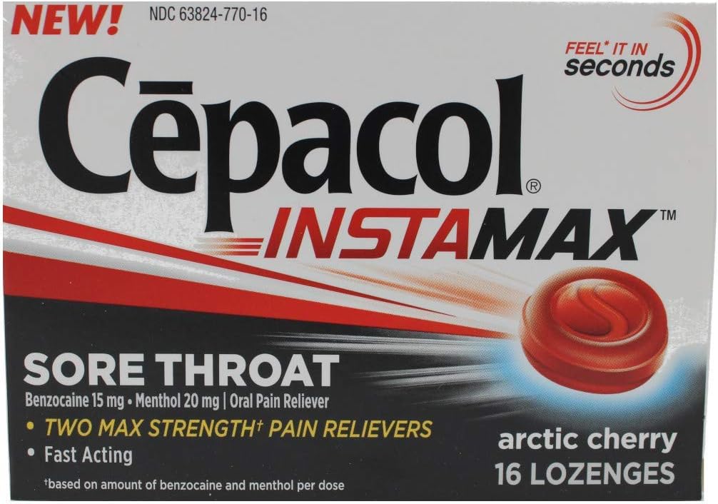 Cepacol InstaMax Sore Throat, Arctic Cherry, 16 Lozenges Each (Pack of 8)