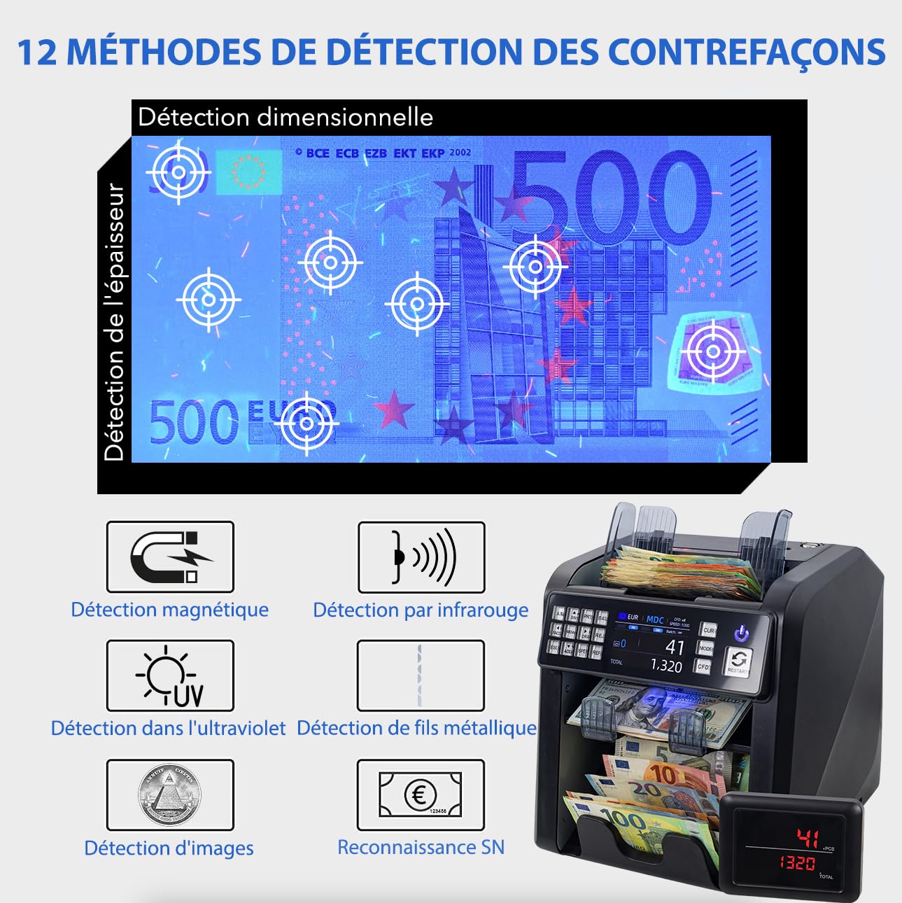 MV-600 Compteuse et trieuse de billets pour billets non triés avec détection avancée de faux billets en 12 points | EUR USD GBP SEK etc. | Compteur de valeurs pour billets mixtes