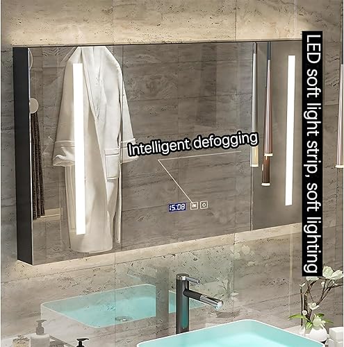Miniatura 3 de Tocador de baño doble con fregadero, tocador flotante con espejo LED inteligente, madera maciza, montaje en pared, diseño elegante