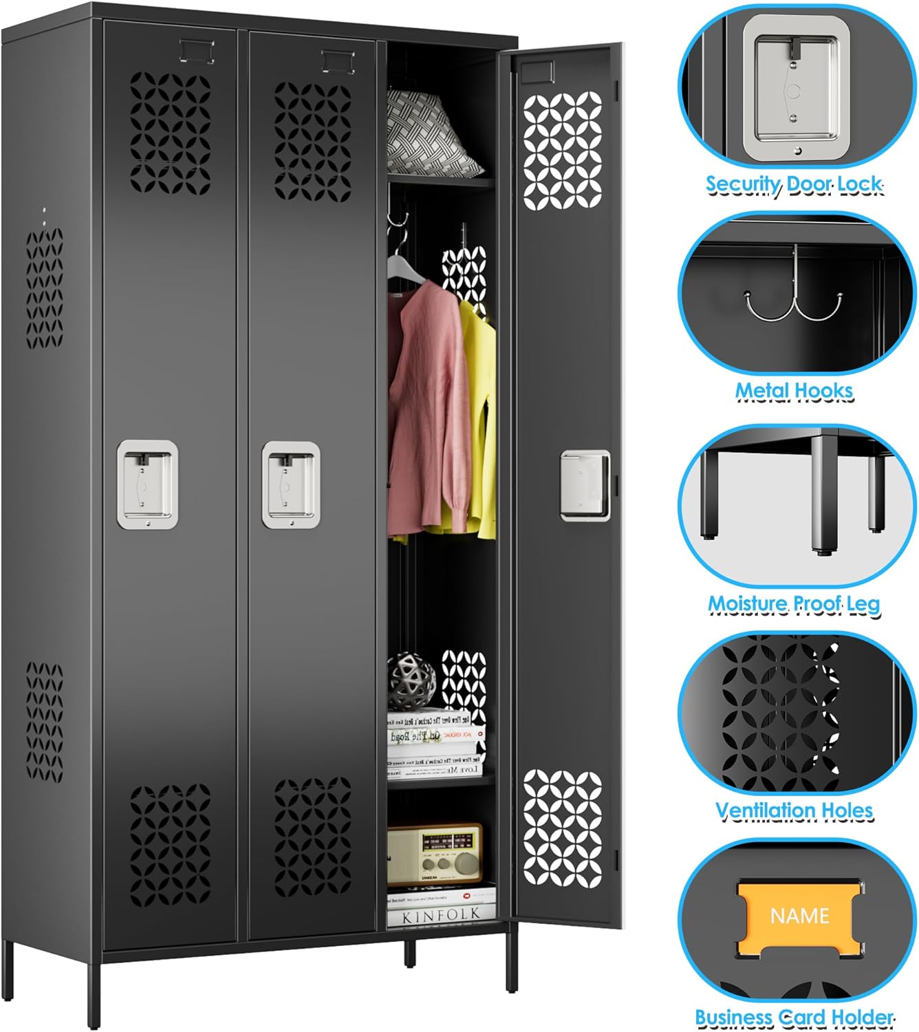 METAN Upgrade Metal Lockers for School Office Gym Bedroom,3 Doors Steel Storage Locker Cabinet for Employees,Industrial Storage Locker with 2 Shelves,Assembly Required,Black