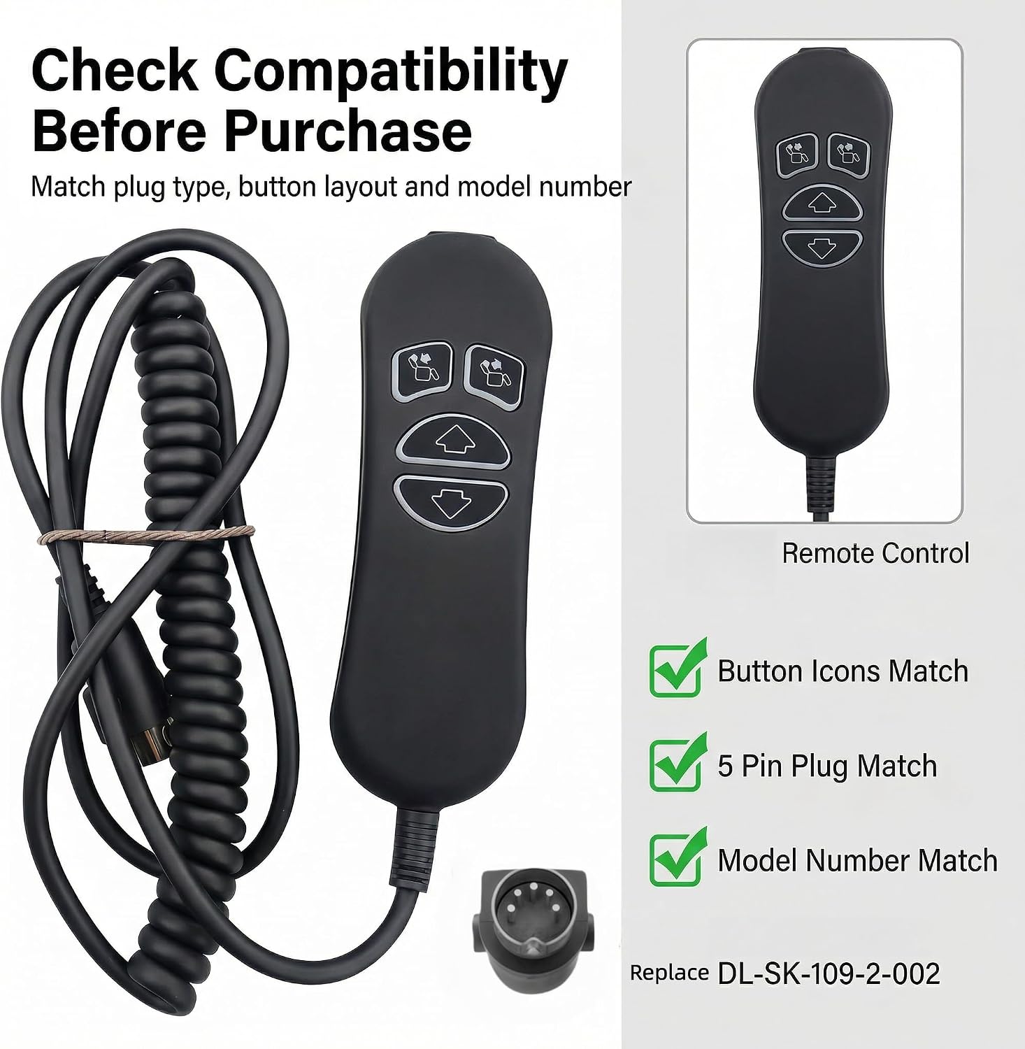 4 Lighted Buttons 5 Pin Remote Replacement with USB and Backlight for Lift Chairs Electric Sofa Power Recliners Replace DL-SK-109-2-002