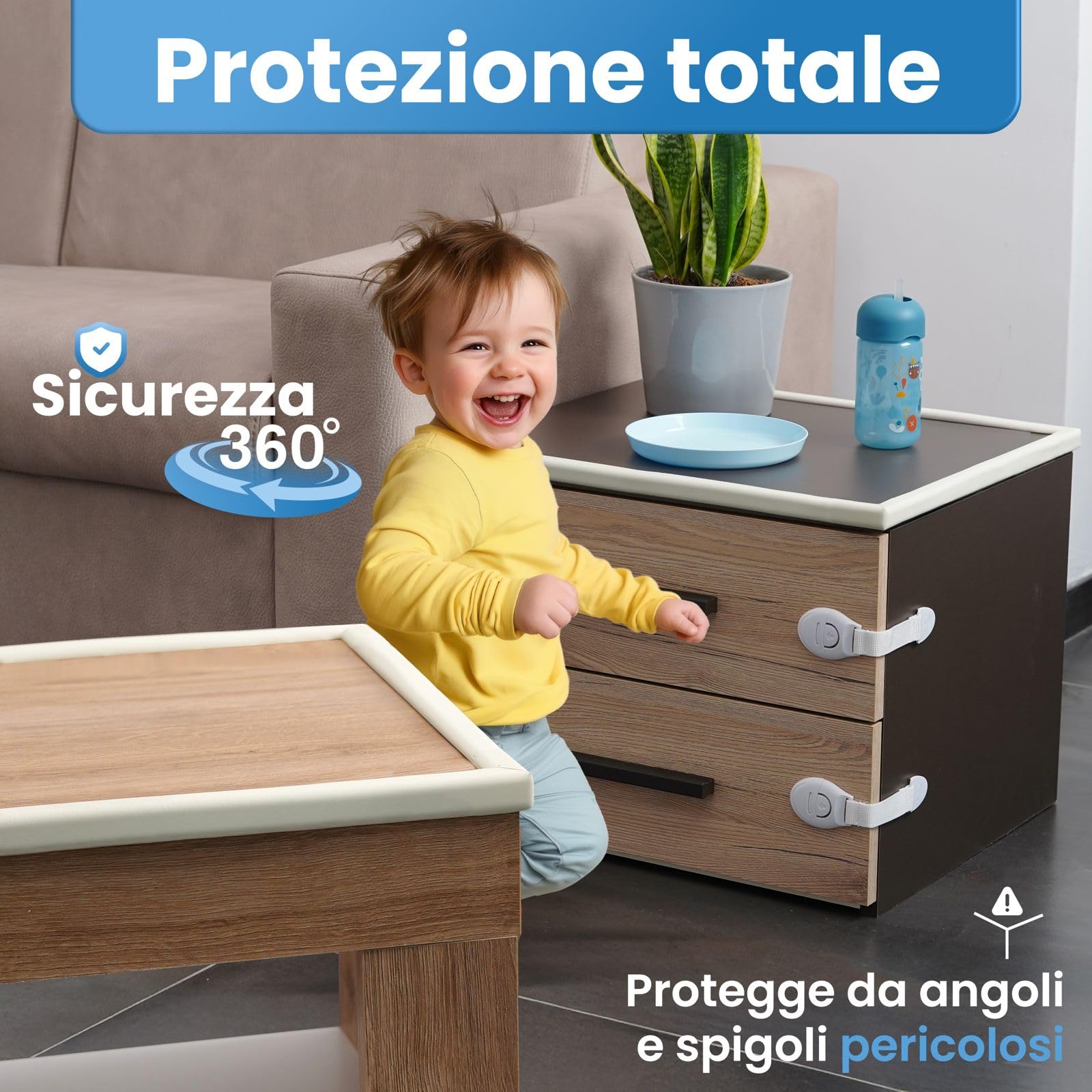 Happy Chlea Copri Angoli in Gomma con Schiuma Attiva, Kit Sicurezza Casa 2m Parabordi + 4 Angolari Morbidi + 2 Blocca Cassetti