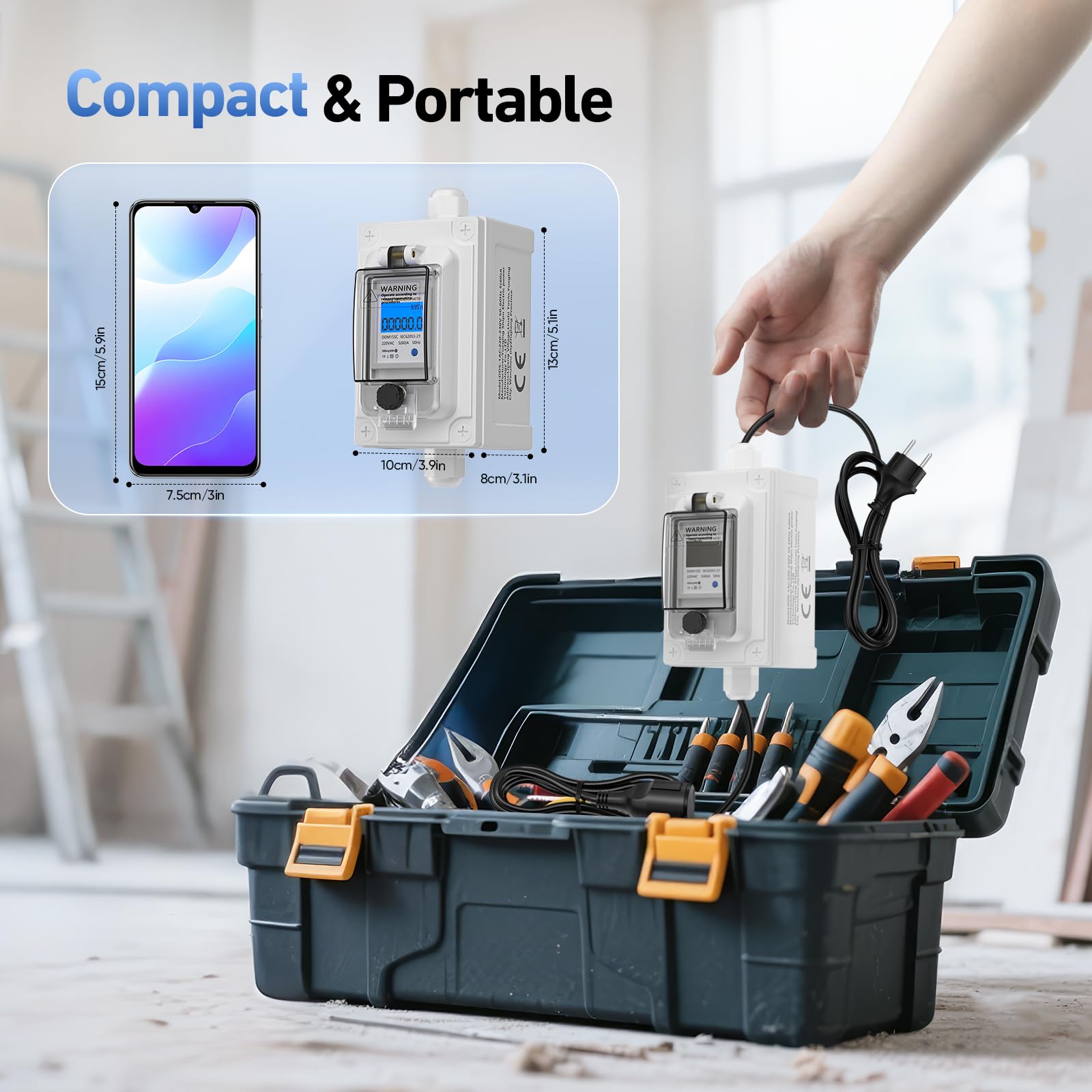 Contatore elettrico digitale portatile 230 V, monitor del consumo di energia con spina industriale/cavo in gomma, monitor di energia portatile impermeabile IP67 per camper/elettricità