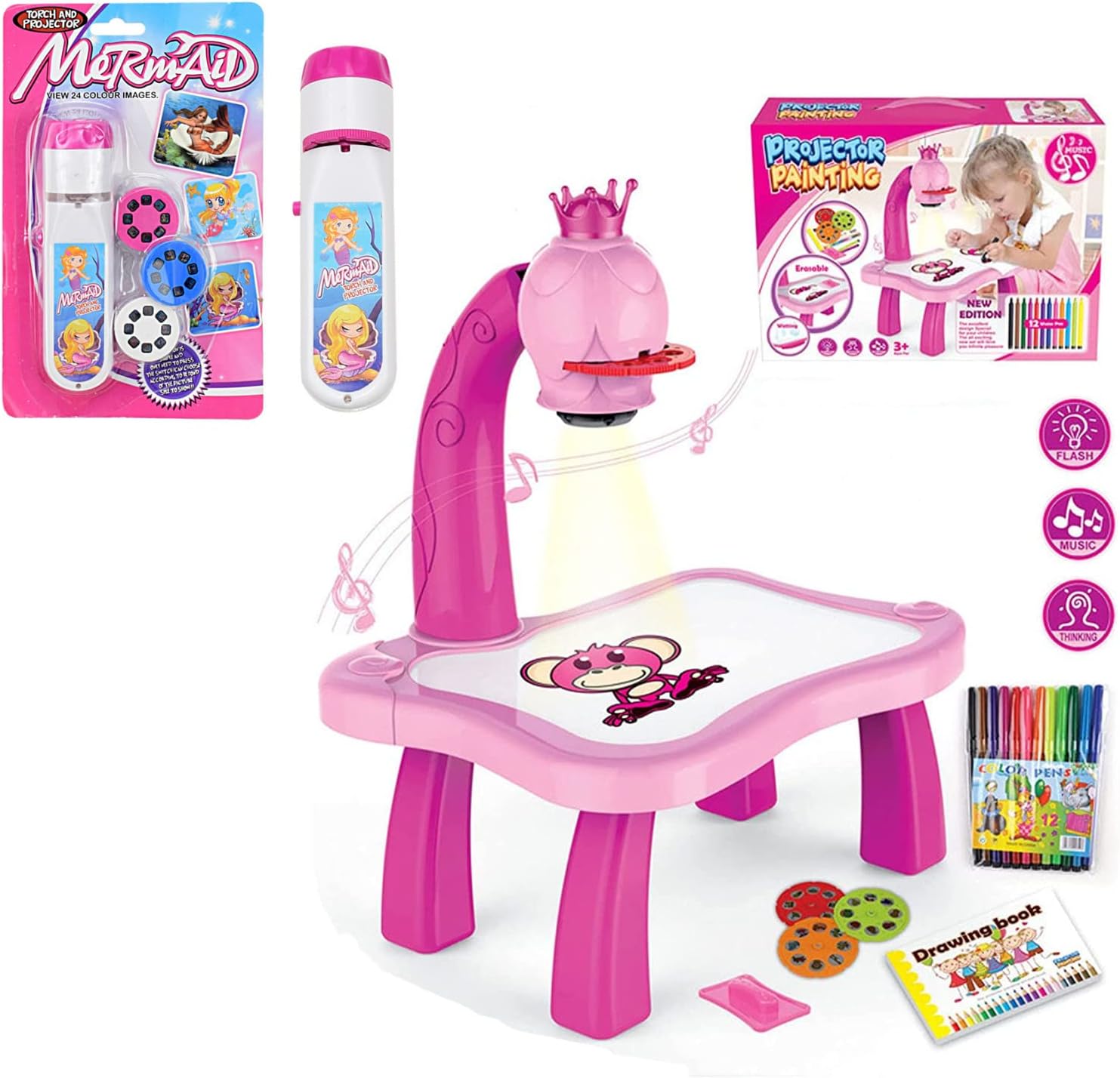 2pcs/Set Drawing Projector for Kids with Flashlight Slide Projector, Tracing Table with Light Music Sketcher Desk for Early Art Learning Games Gifts (Pink)