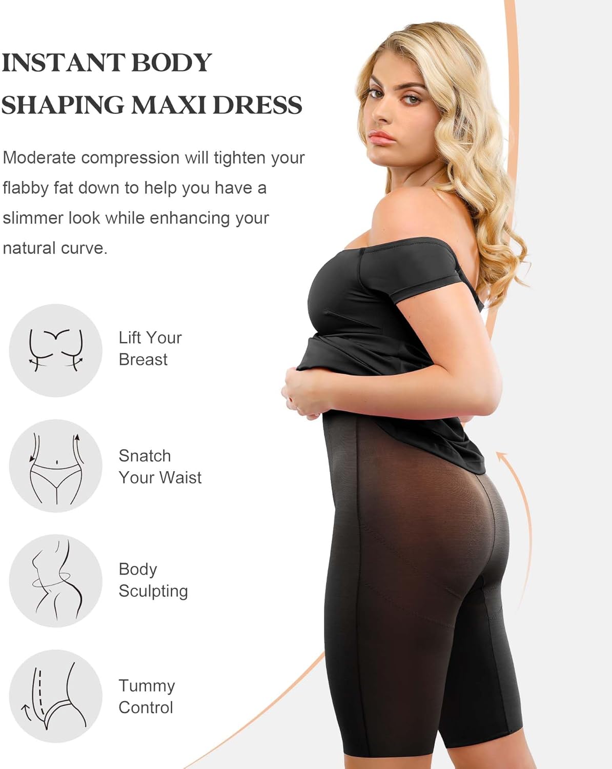 Popilush Shapewear Dress Off Shoulder Formal Dresses for Women Short Sleeve Bodycon Maxi Dress Built in Bra - Image 3