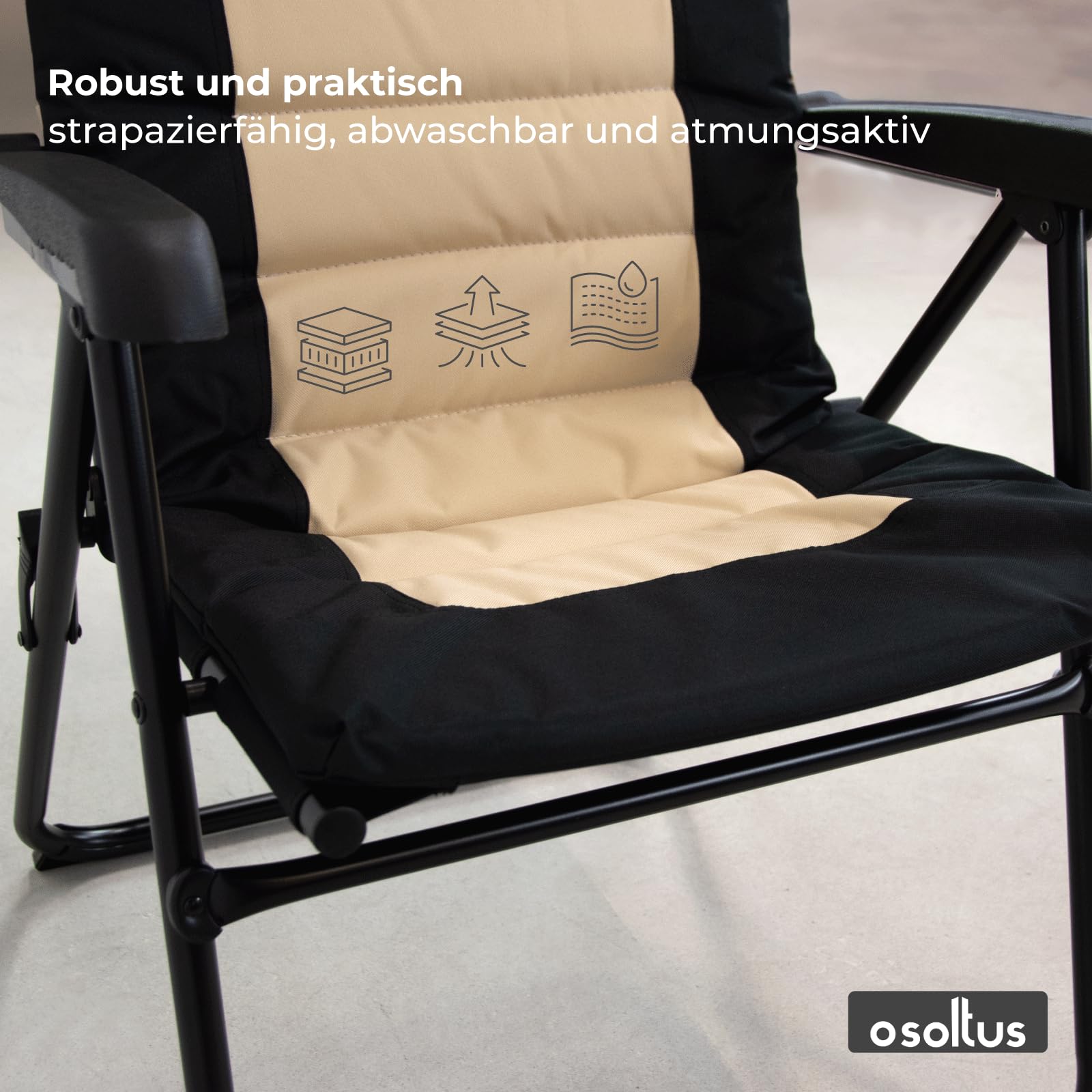 osoltus Alu Camping Klappsessel Hochlehner MPO Van schwarz/beige gepolstert
