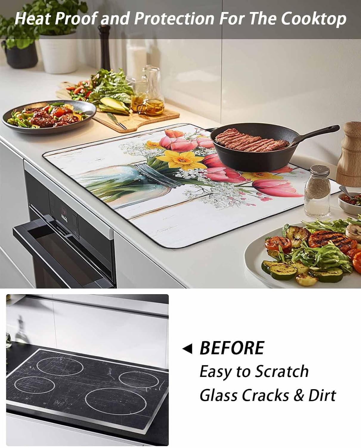 Stove Cover for Electric Stove 36x21 Inch Watercolors Pink Flowers Stove Top Cover Wood Grain Glass Cooktop Covers Anti-Slip & Heat Resistant Countertop Protector Home Kitchen Decor
