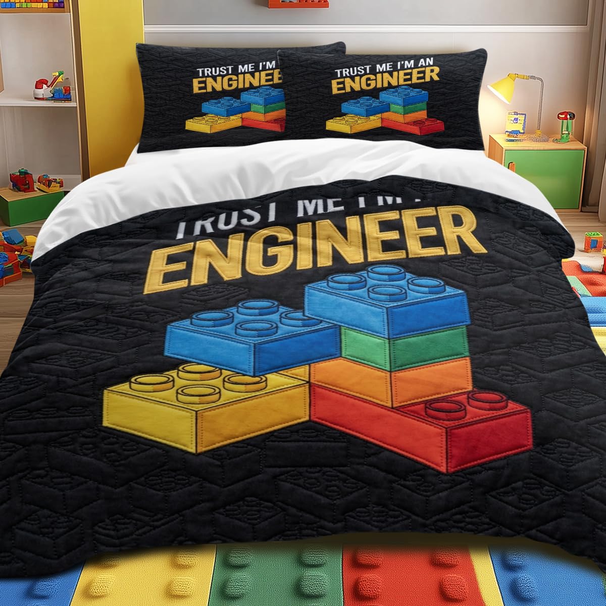 BlessLiving Engineer Duvet Cover Double Size Set, Black Microfiber Bedding with Colorful Block Design and Trust Me I’m an Engineer Quote, Geek Bedroom Decor for STEM Students