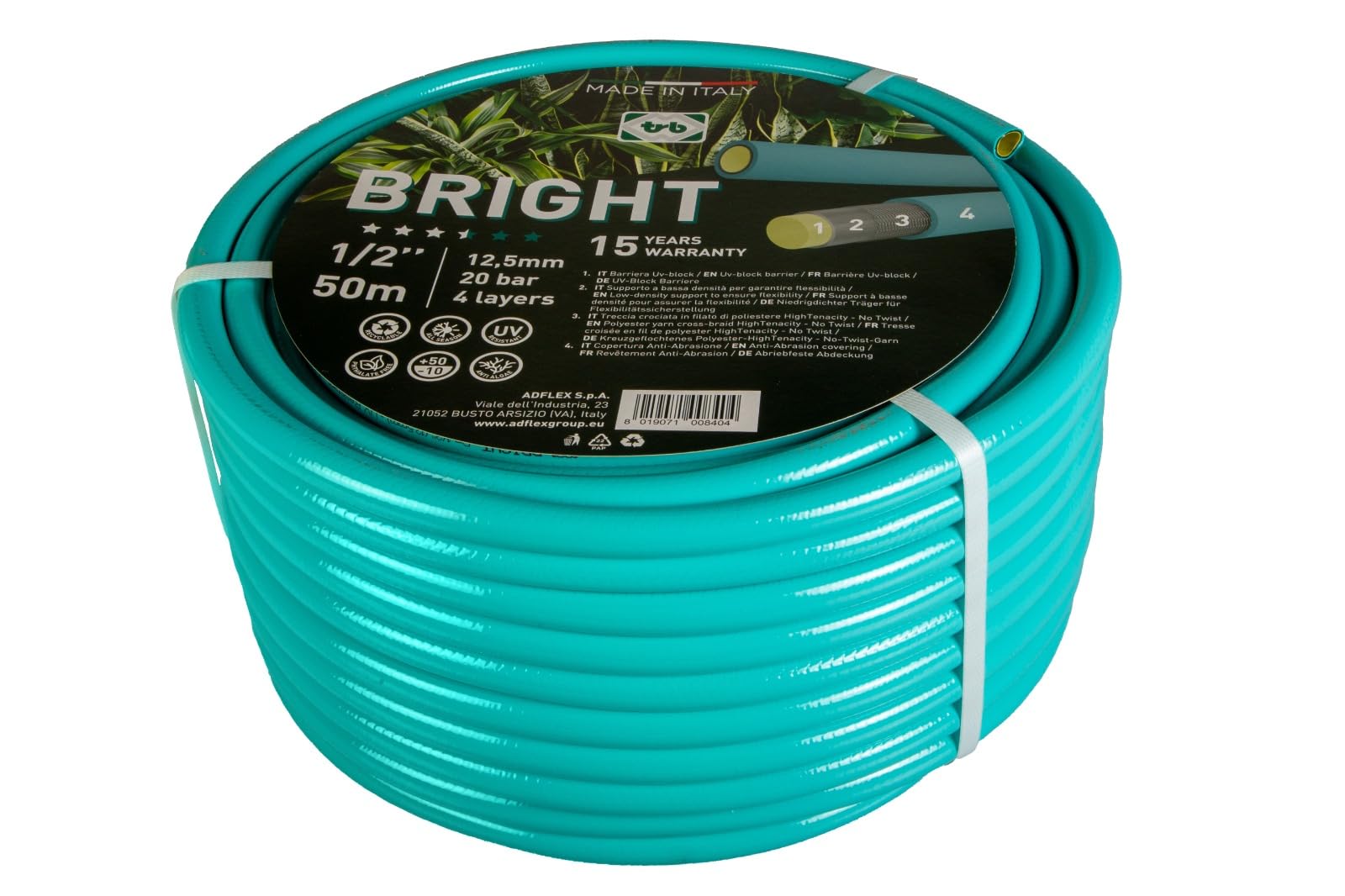 Tubo BRIGHT per Irrigazione, Ø12,5mm (1/2"), 4 Strati, Antitorsione, Resistente UV, Verde Acqua (50M)
