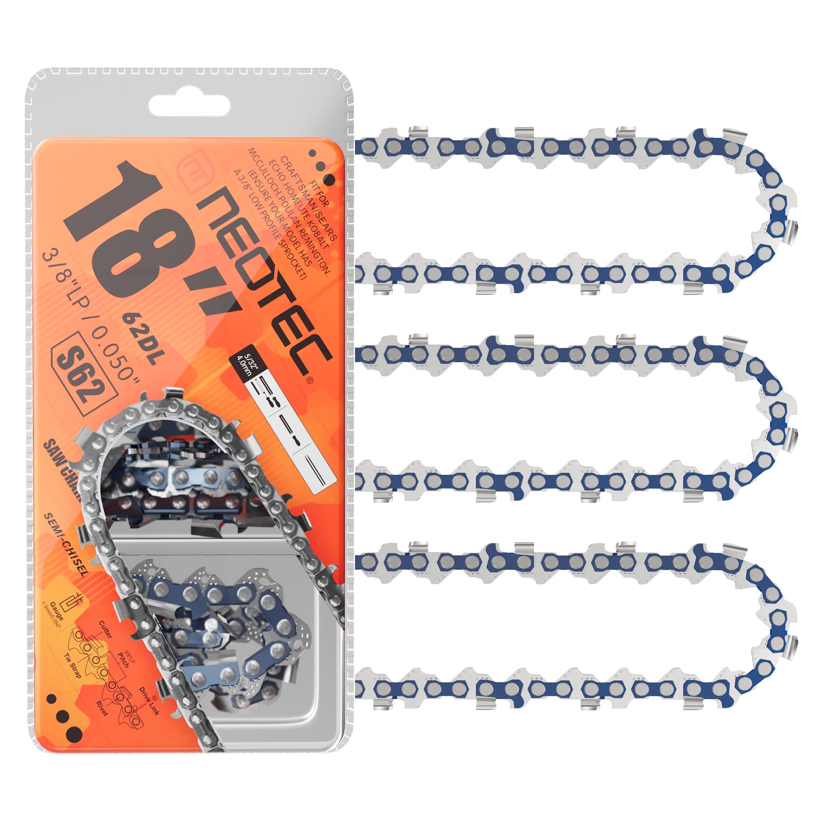 NEO-TEC18 Inch Chainsaw Chain 3 Pack - S62-0.050" Gauge, 3/8"LP Pitch, 62 Drive Links Fit for Poulan, Kobalt, Echo, Ego, Greenworks Chainsaw and More