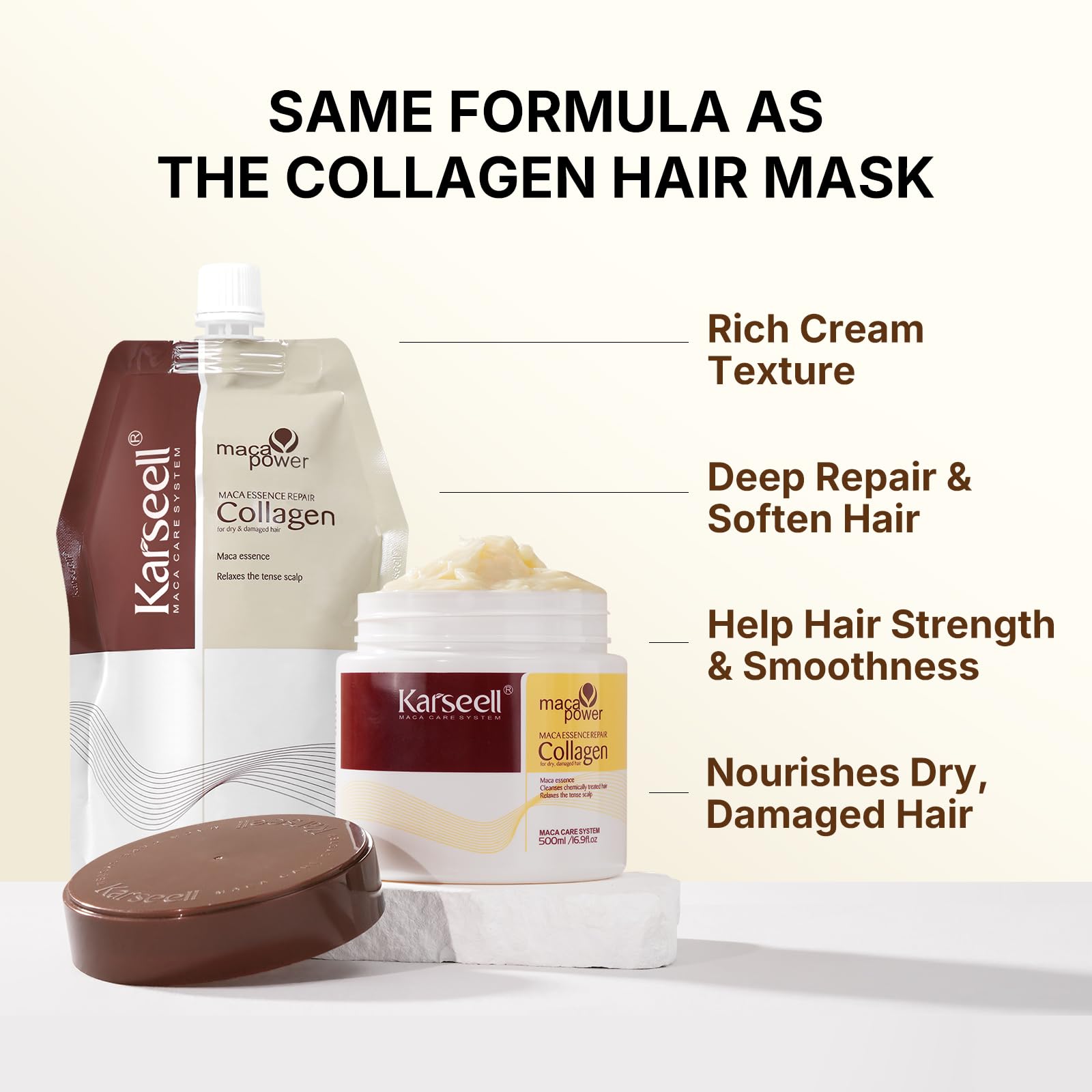 Karseell Mascarilla Capilar con Colágeno 2 × 500 ml, Tarro + Recarga, Tratamiento Nutritivo para Cabello Seco y Dañado