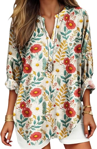 Boho Floral Shirts for Women Cotton Printed Casual V Neck Roll Up Long Sleeve Blouses Business Comfy Fashion Tops