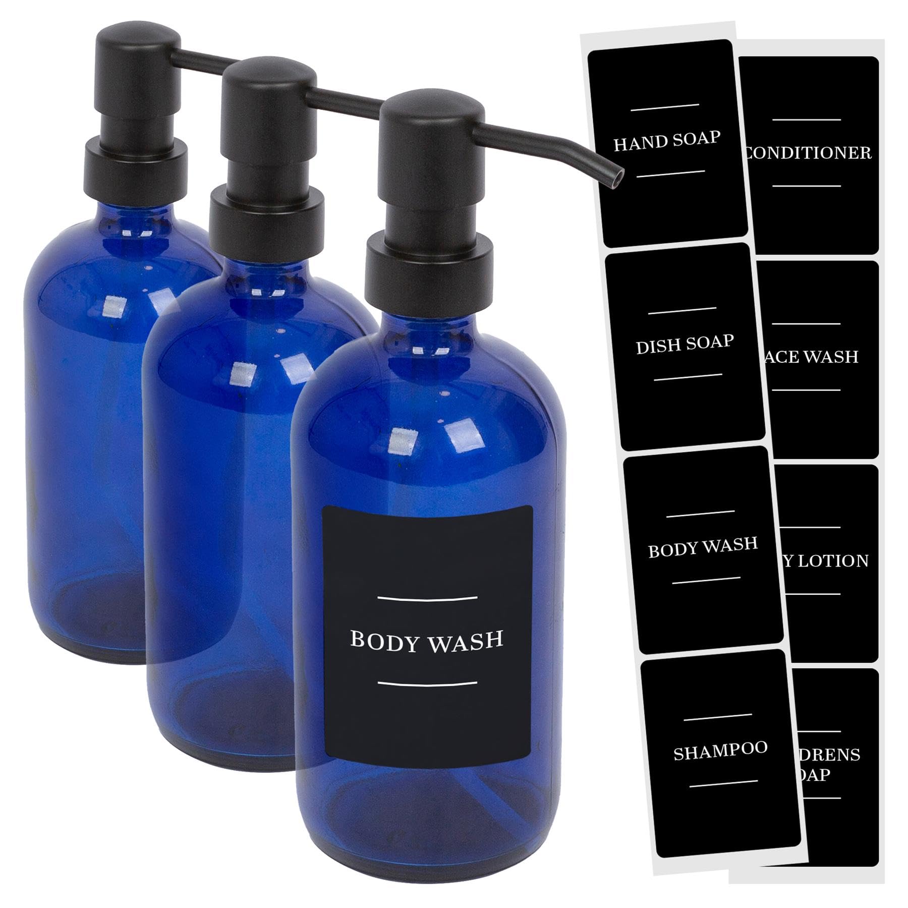 Harbour Housewares Glass Soap Dispensers with Labels Pack of 3-500ml Blue Refillable Bottles with Pumps and Black Labels - Bathroom and Kitchen Accessories for Hand Wash, Lotion or Sanitiser