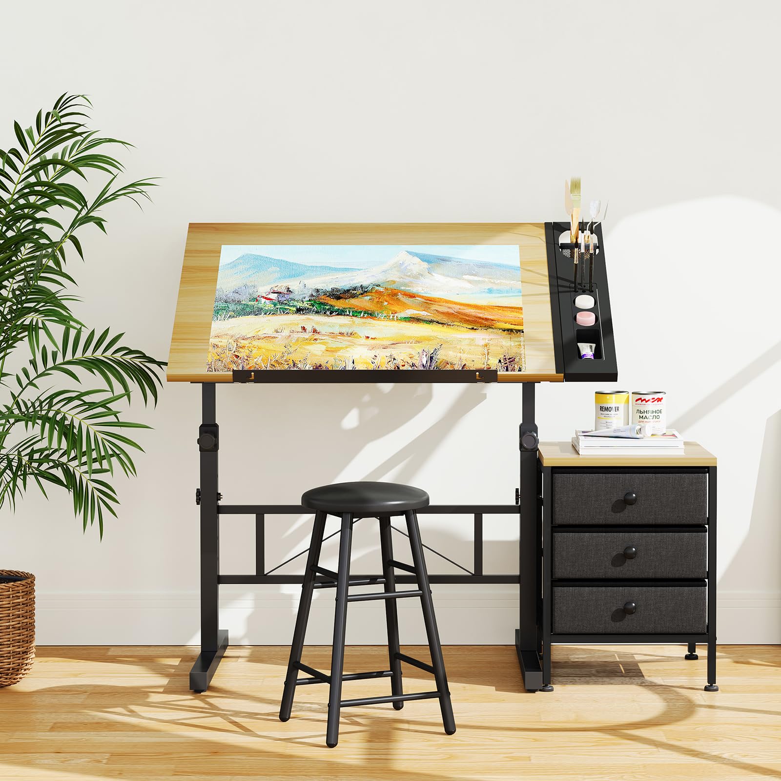 Tavolo da Disegno Inclinabile da 0 a 60°, Altezza Regolabile con Sgabello, Scrivania per Somputer da Studio di Architettura per Disegnatore Pittore Ingegnere Artista (Colore Legno con Cassetti)