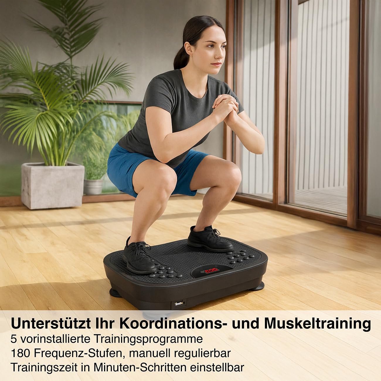 Newgen Medicals Heimtrainer: Vibrationsplatte mit 180 Stufen, LED-Display, Bluetooth & Lautsprecher (Fitness-Vibrationsplatte, Muskeltraining, Musik)
