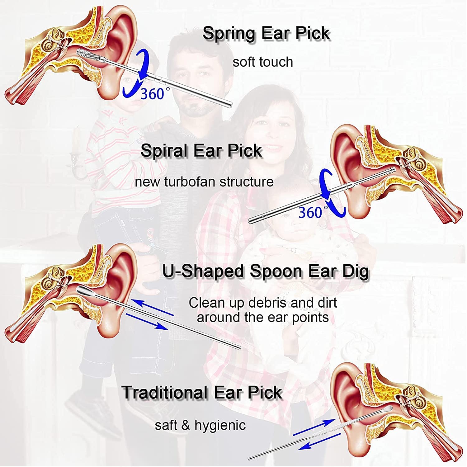 6 Piece Stainless Steel Ear Wax Removal Kit with PU Leather Case, Spring Cleansing Tools, Portable Spoon Picks for Home, Travel 4