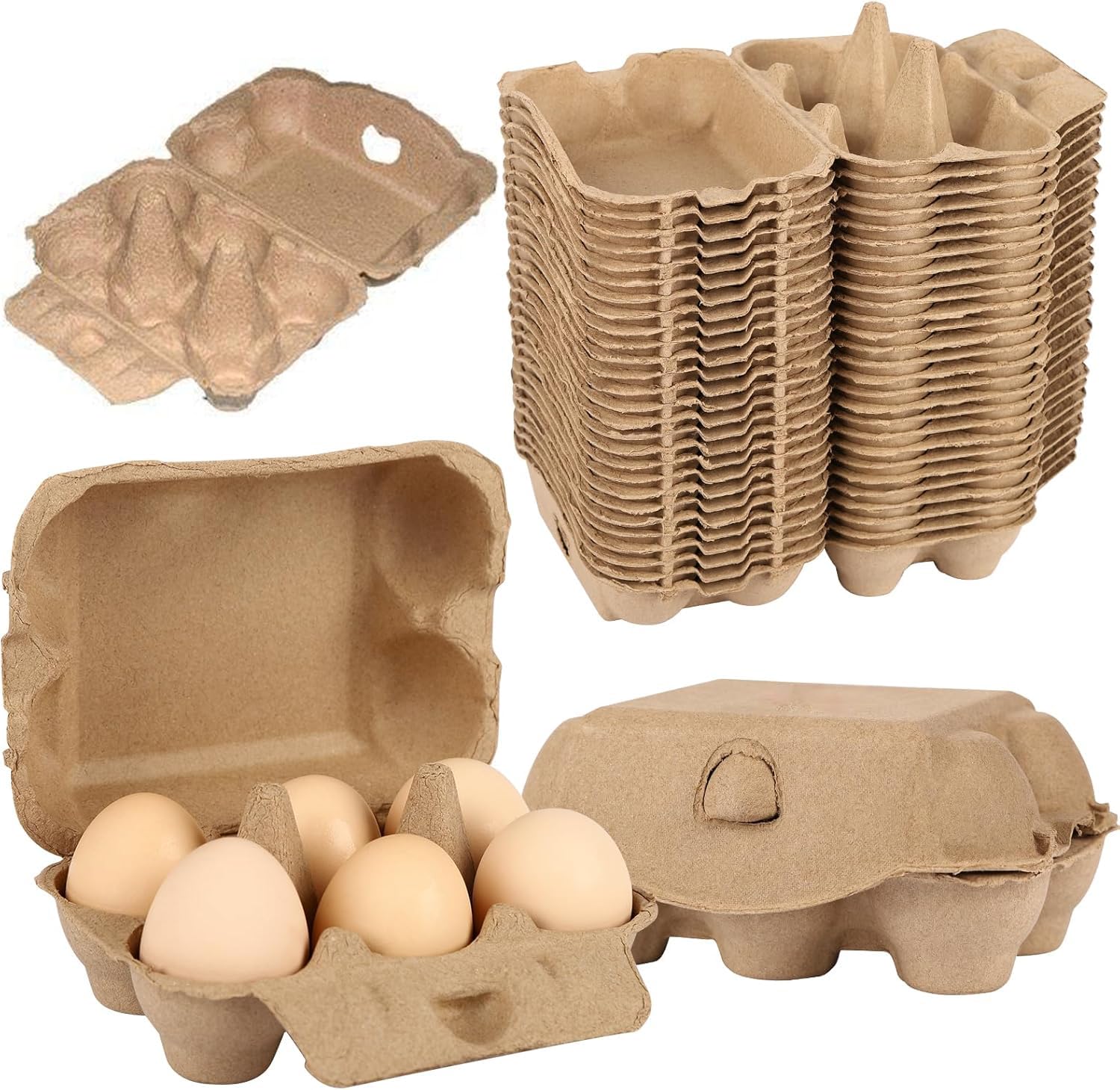 Bhina Brown 30 Pack 6-Count Egg Cartons, Stackable Natural Pulp Egg Trays With Lids, Empty Egg Cartons For 6 Eggs, Ideal For Chicken Eggs, Duck Eggs, Easter Crafts & Gift Packaging