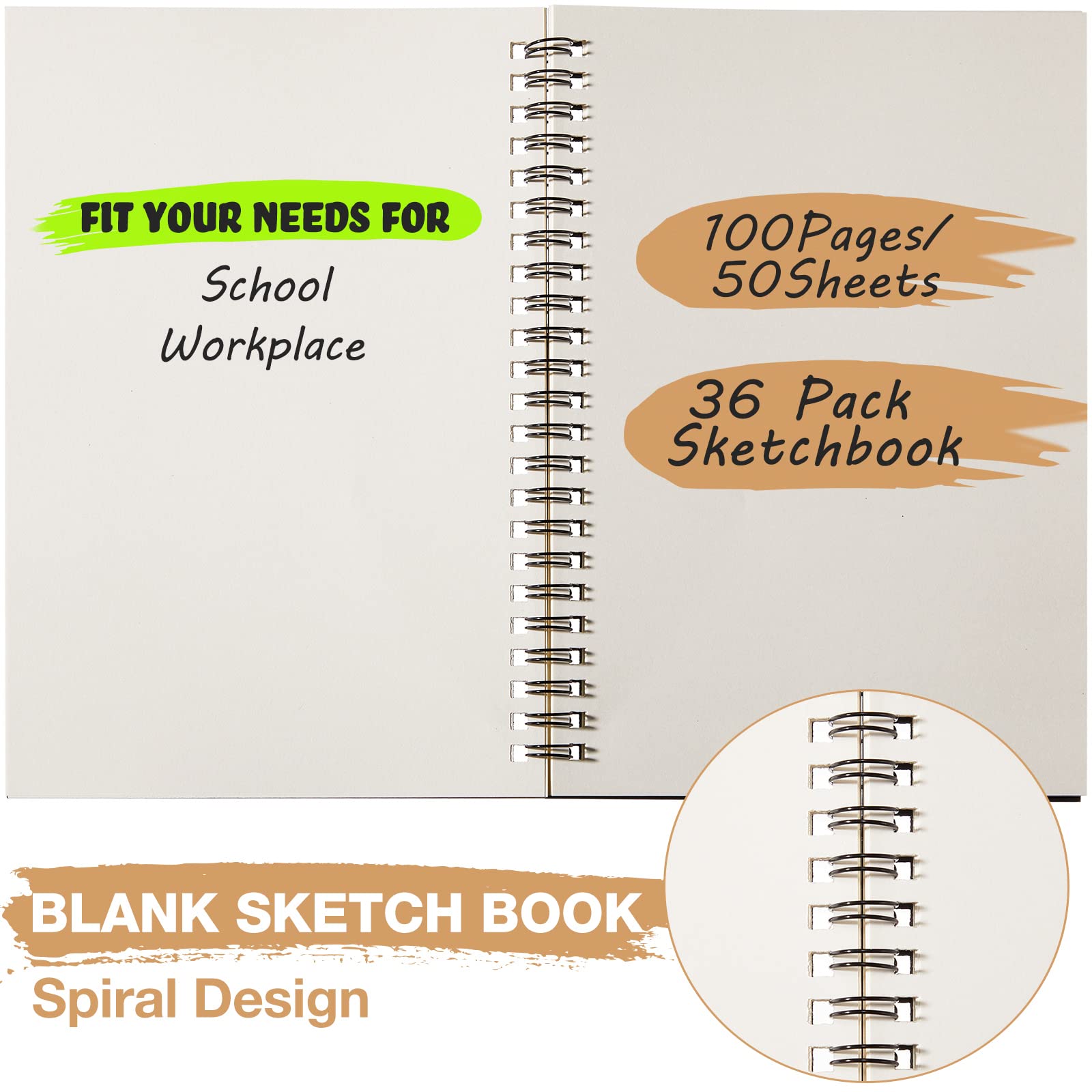 Diario a spirale vuoto A5 copertina morbida sfoderata, blocco appunti per schizzi e studenti, per disegno, arte, studenti, forniture per ufficio, 100 pagine/50 fogli, 36 pezzi