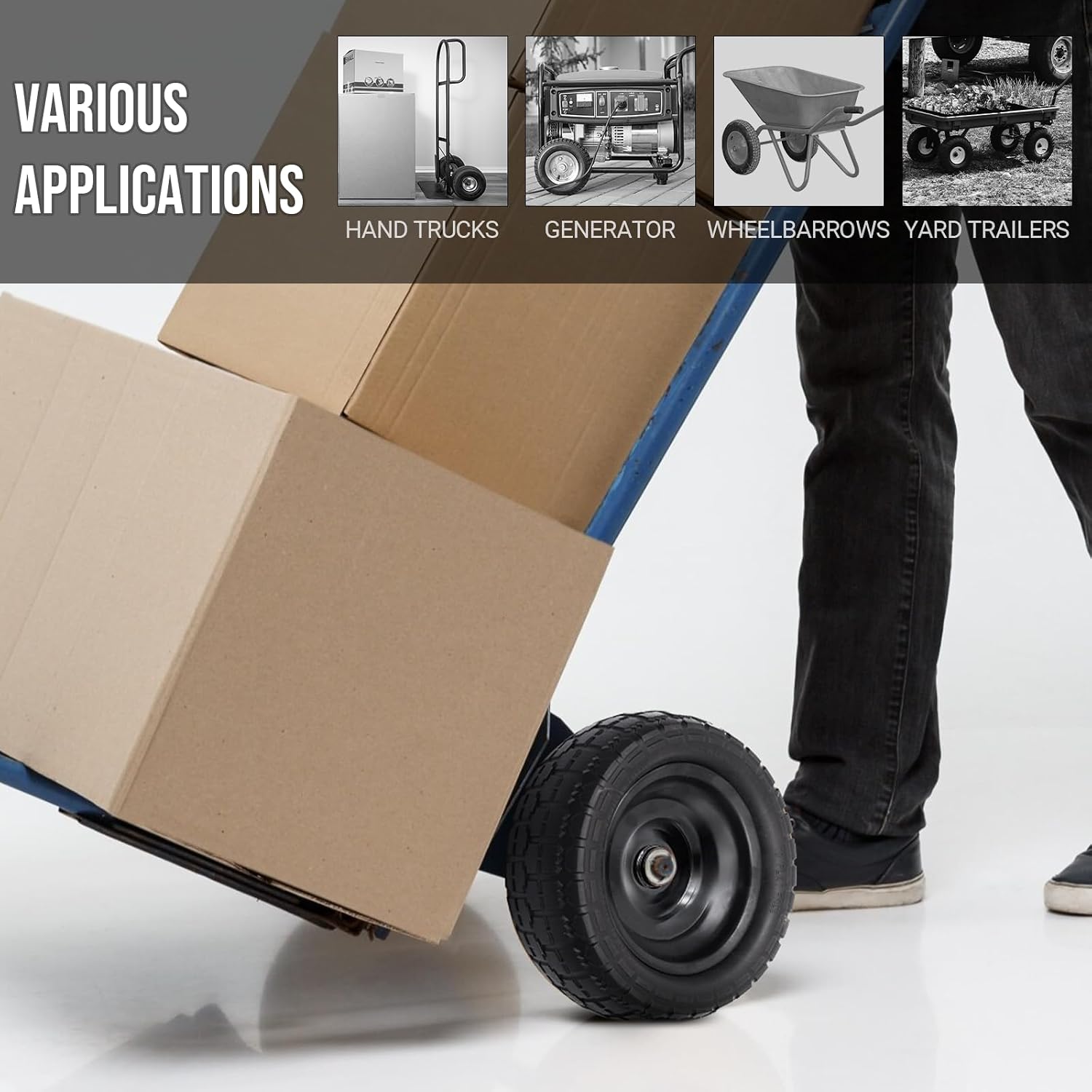 A person pushing a hand truck with boxes, demonstrating the use of the AR-PRO wheels in various applications like hand trucks, generators, wheelbarrows, and yard trailers