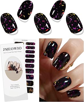JMEOWIO Semi Cured Gel Strips Nail Art Sticker Wrap Red Black