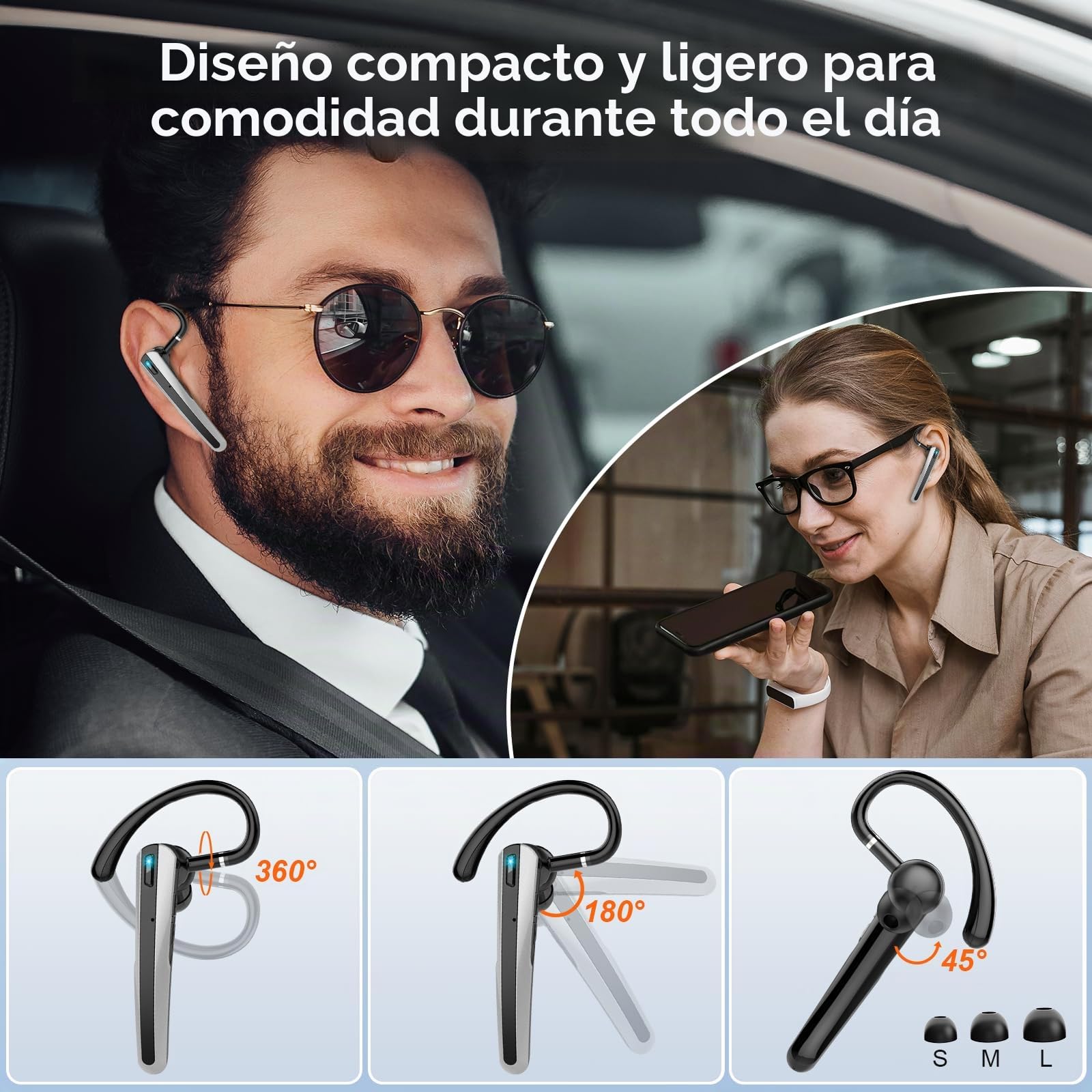 Manos Libres Auricular Bluetooth V5.3, Auriculares inalambricos Bluetooth con Doble Micrófono Cancelación, 20H de Conversación, 120H en Espera, Manos Libres Oreja para Negocios/Conducir/Oficina, Negro