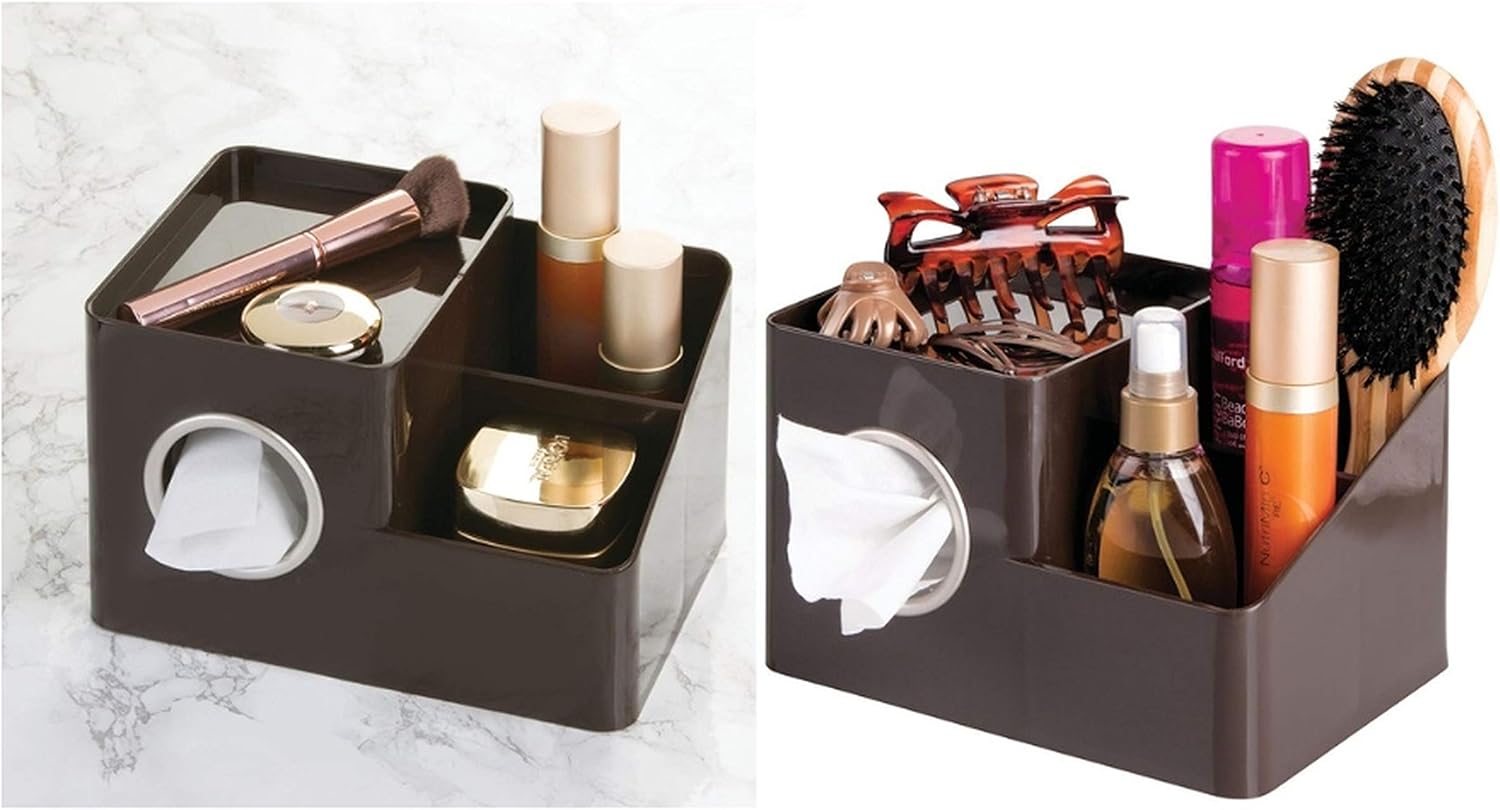 iDesign InterDesign Facial Tissue Cover/Holder and Storage Caddy for Bathroom Vanity Countertops – Dark Brown Boutique Box with Organizer, 21.3 x 15.2 x 13.3 cm, Bronze