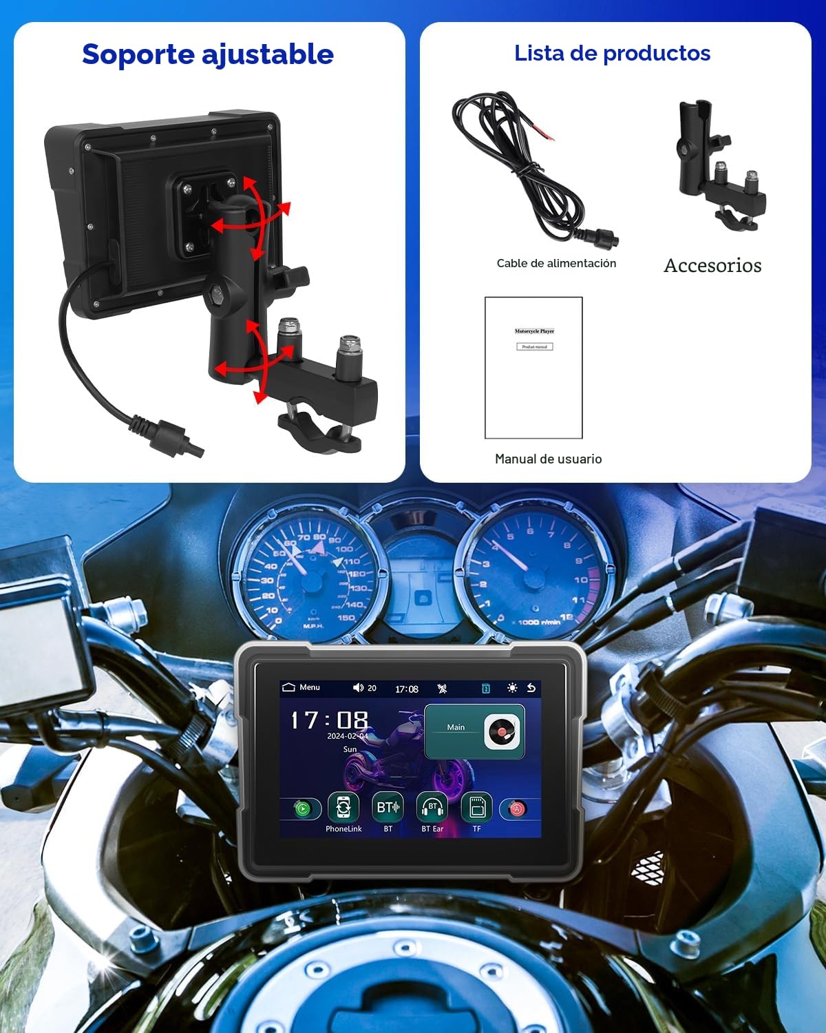 Inalámbrico Carplay Motorbike Navi Android Auto, 7 Pulgadas Pantalla Táctil Carplay Portátil para Motos, Radio de Coche para Motos con Airplay/Android Cast/Doble Bluetooth/Navegación/IP67 Impermeable