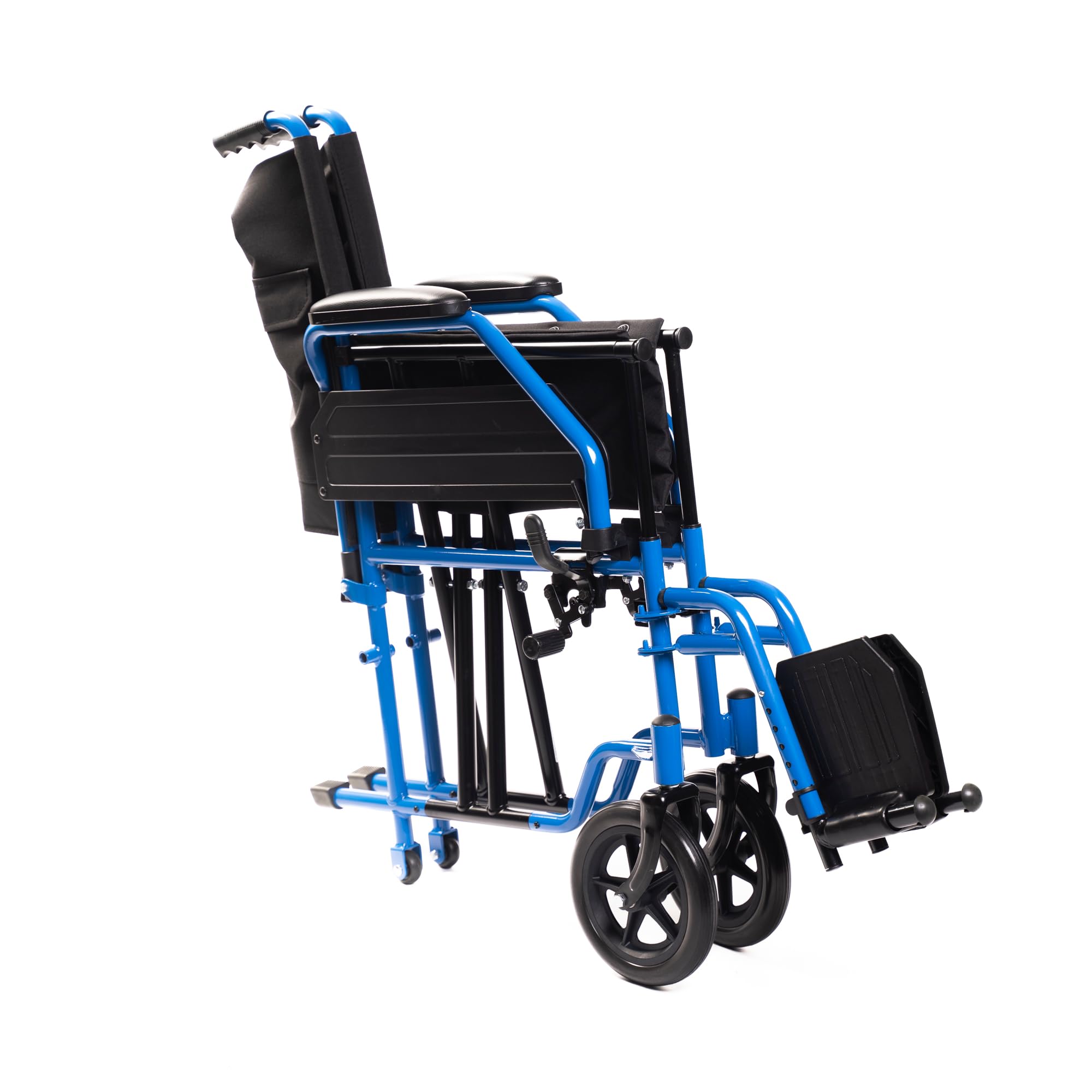 PBPharma - Carrozzina Deluxe Pieghevole 40 x 43 e Leggera per Anziani - Sedia a Rotelle Pieghevole con Braccioli Ribaltabili, Pedane Estraibili, Ruote Piene e Freni di Stazionamento Blu