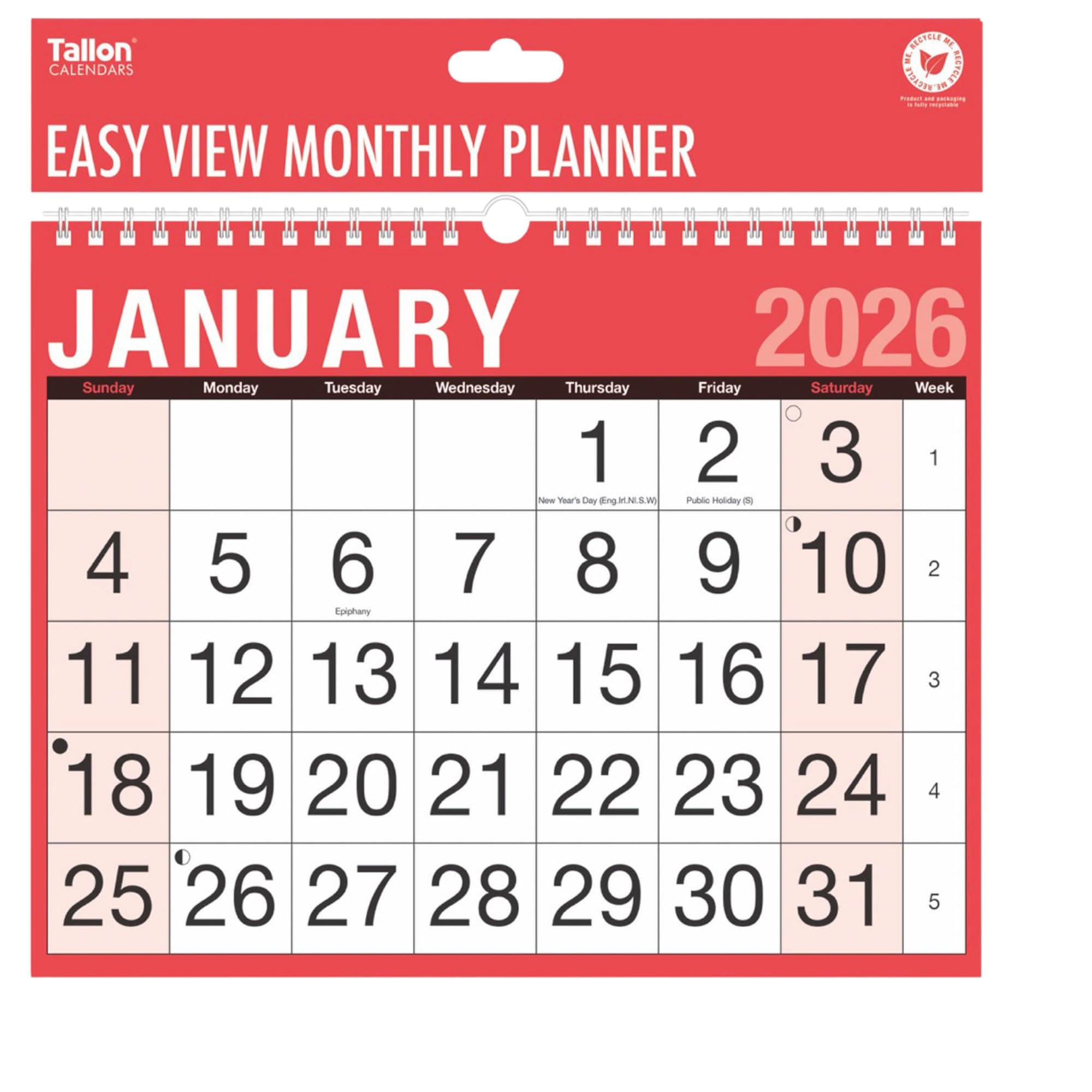 2026 Easy View Monthly Planner, A4 Wall Calendar with Large Font, Month-at-a-Glance, Spiral Bound