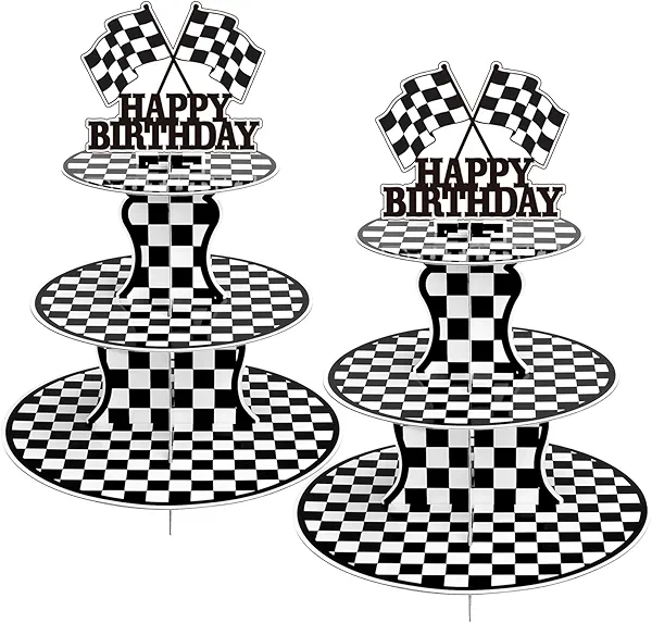 BACUTHY 2 Pack Race Car Cupcake Stands Birthday Party Supplies, Two Fast Cars Decorations Truck Theme Favors - 3 Tier Cardboard Cup Cake Holder Tower