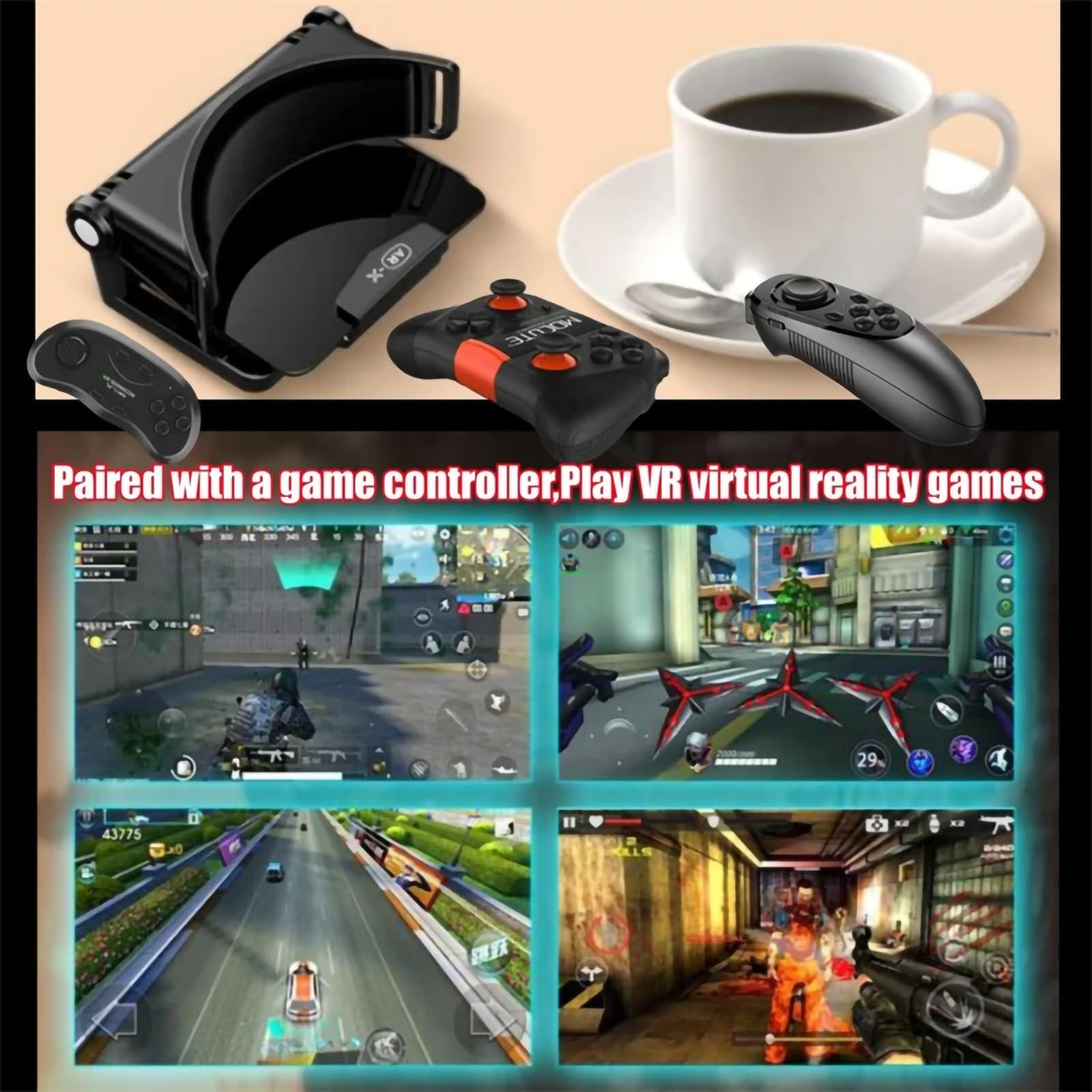 Occhiali VR Occhiali per Realtà virtuale 3D, Casco per Realtà virtuale 3D per Smartphone + Joystick, per Smartphone da 4,7-6,3", Casco VR Migliorato Pieghevole per Smartphone,2GAMEPAD