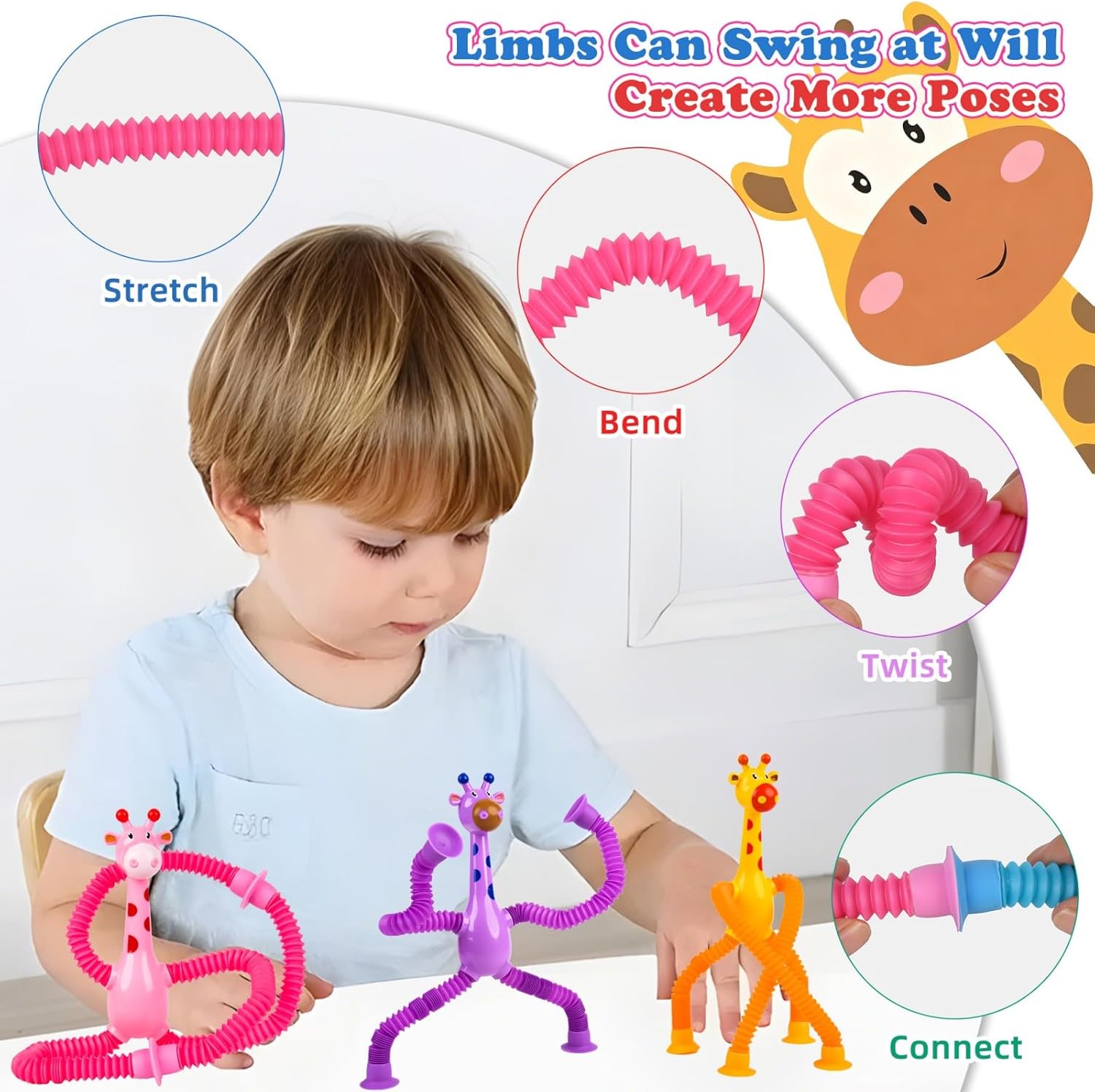 4 Pack Telescopic Suction Cup Giraffe Toy, Pop Tube Sensory Fidget Toys for Autism, Airplane Travel Essentials, Educational Fidget Toys, Great Idea for Boys and Girls