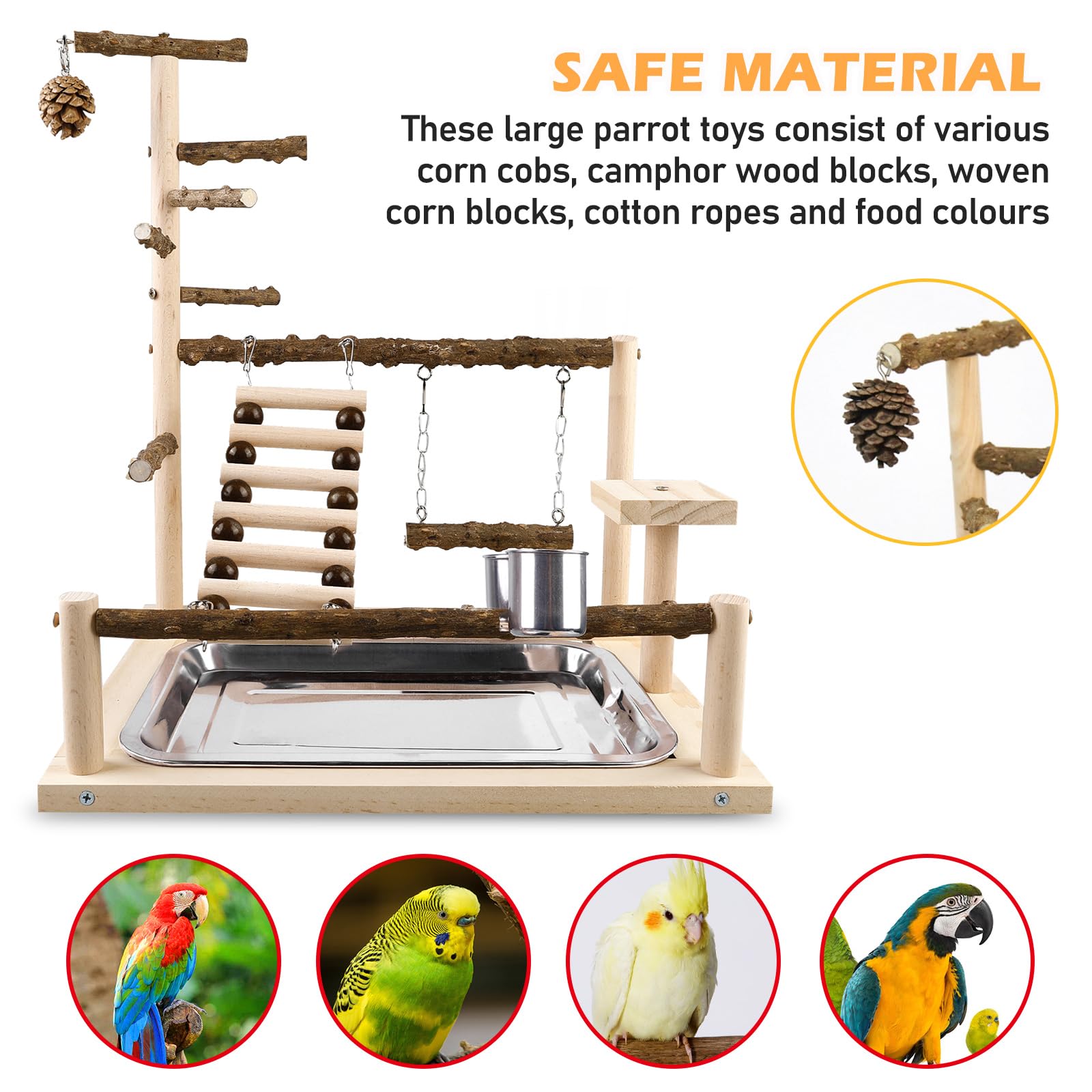 Loro Juegos para loros, Pinguelli, Calopsitte, Guacamayo, Parque de juegos de madera, Trespolo con tazas y bandeja, Fringe