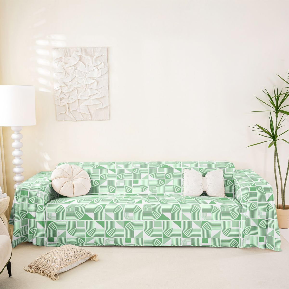 Homewish Pokrowiec na kanapę dla zwierząt domowych, nowoczesne pokrowce na kanapę z motywem linii, na 2 poduszki, na sofę, zielone paski, narzuta na sofę, boho, wirujące linie, narzuta na kanapę, dla