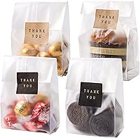 LOKQING Clear Cellophane Treat Bags 9x3.3in with 100 Thank You Stickers - Food-Safe Cookie Candy Bags for Parties & Gifts