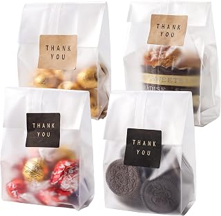 LOKQING Clear Cellophane Treat Bags 9x3.3in with 100 Thank You Stickers - Food-Safe Cookie Candy Bags for Parties & Gifts