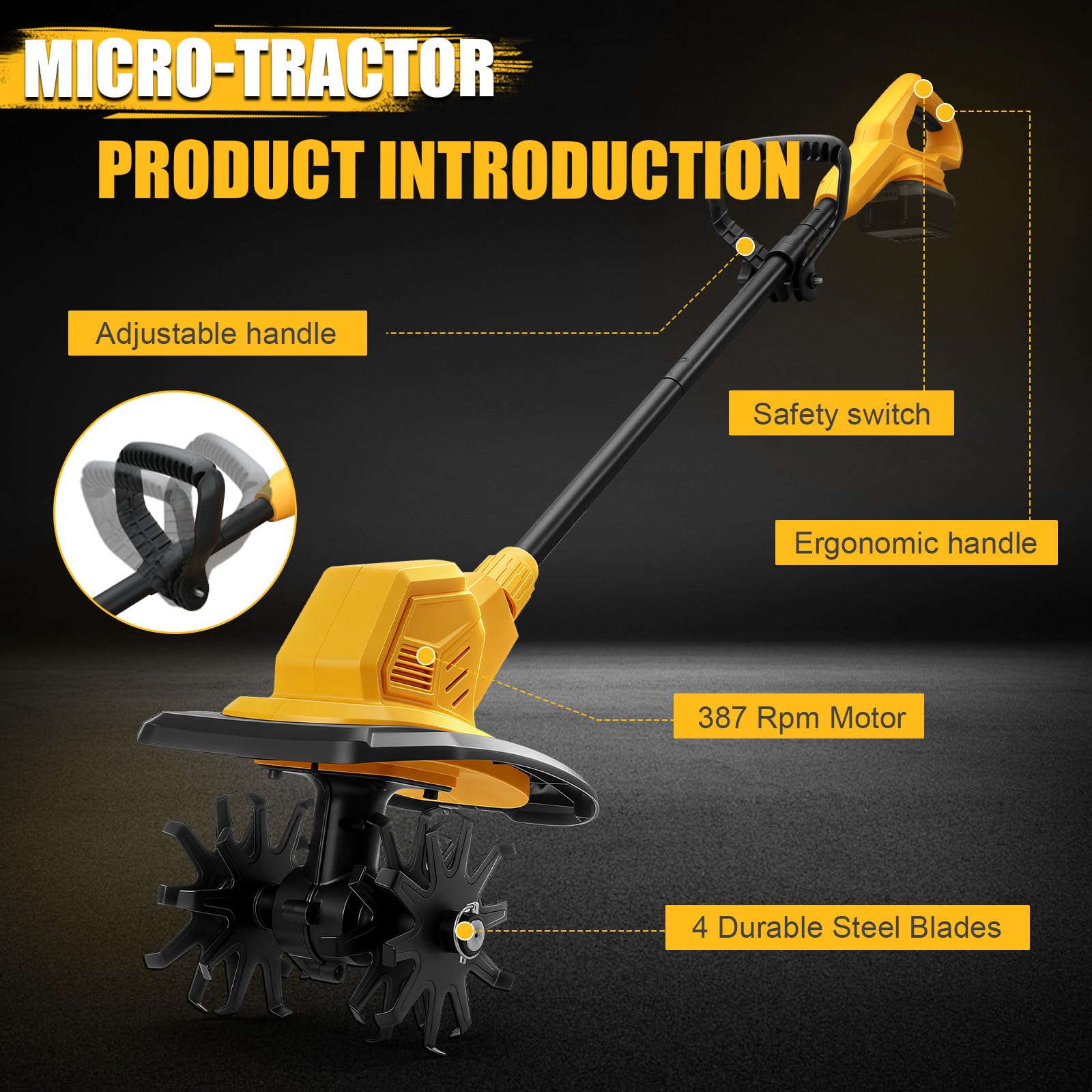 WingFly Motobineuse sans Fil pour Dewalt 20 V Batterie, 800 W motoculteur électrique, Moteur sans balais, Vitesse 387 TR/Min, Profondeur de Travail 18 cm et Largeur de Travail 20 cm (sans Batterie)